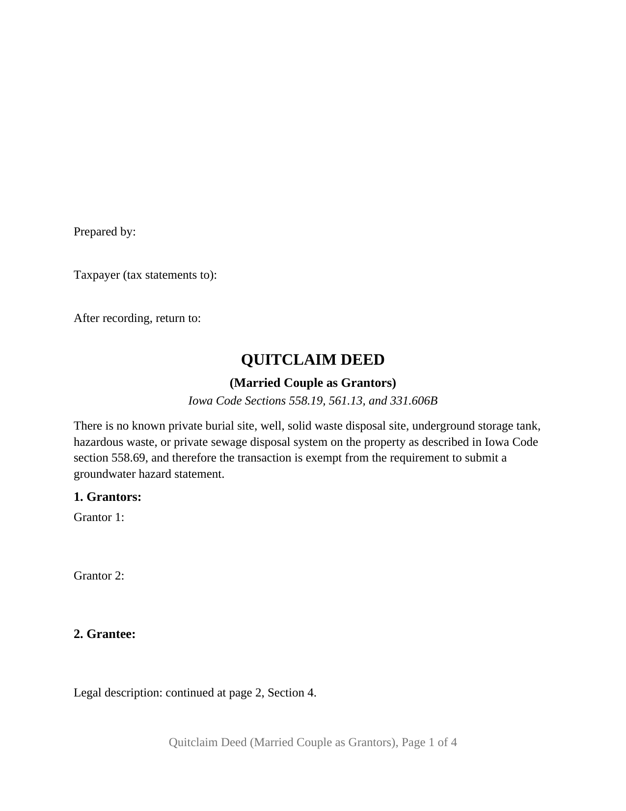 Bremer County Quitclaim Deed (Married Couple as Grantors) Form