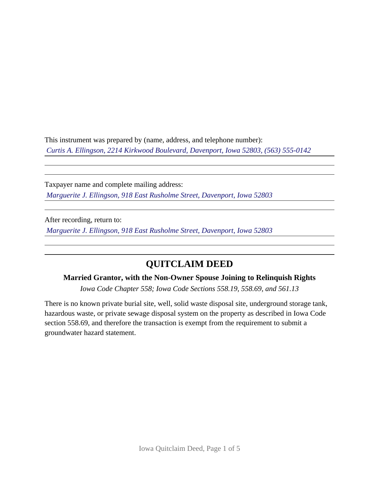 Allamakee County Completed Example of the Quitclaim Deed (Married Grantor with Non-Owner Spouse Joinder) Document