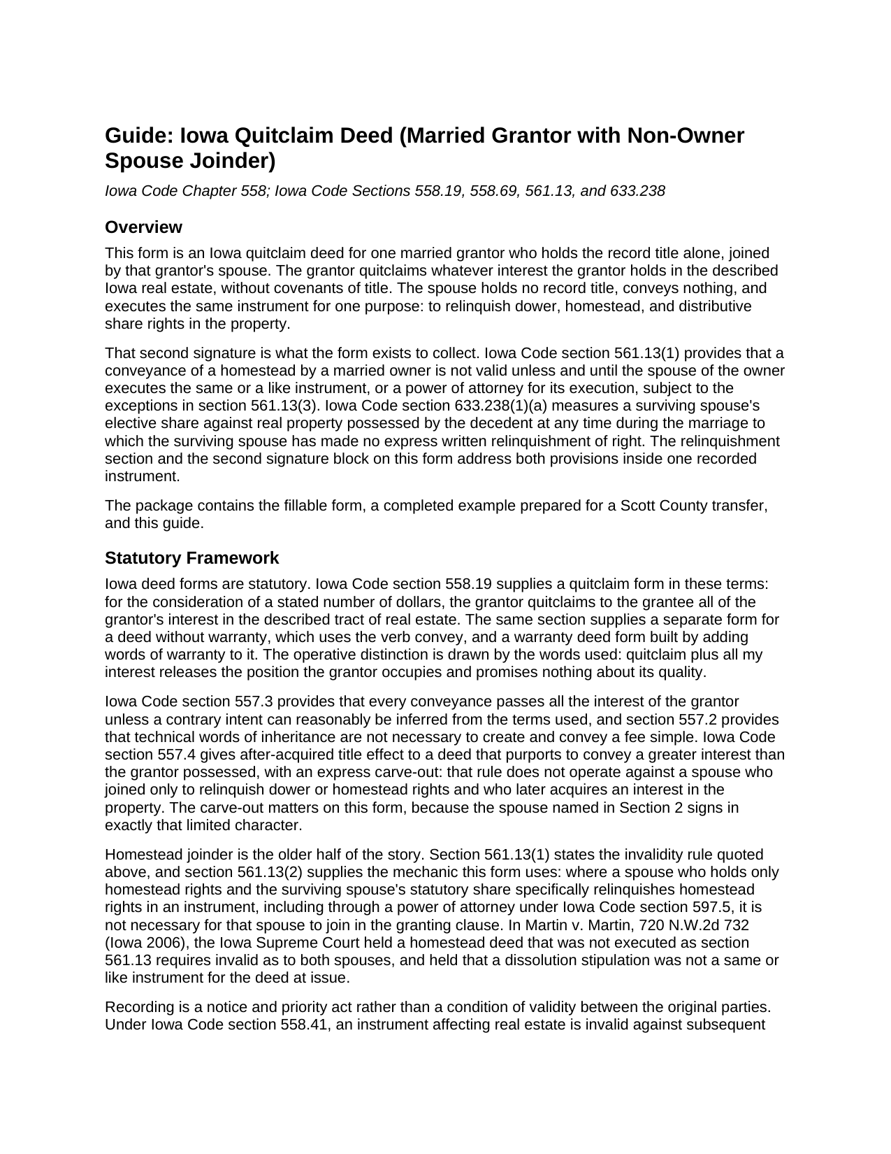Allamakee County Quitclaim Deed (Married Grantor with Non-Owner Spouse Joinder) Guide