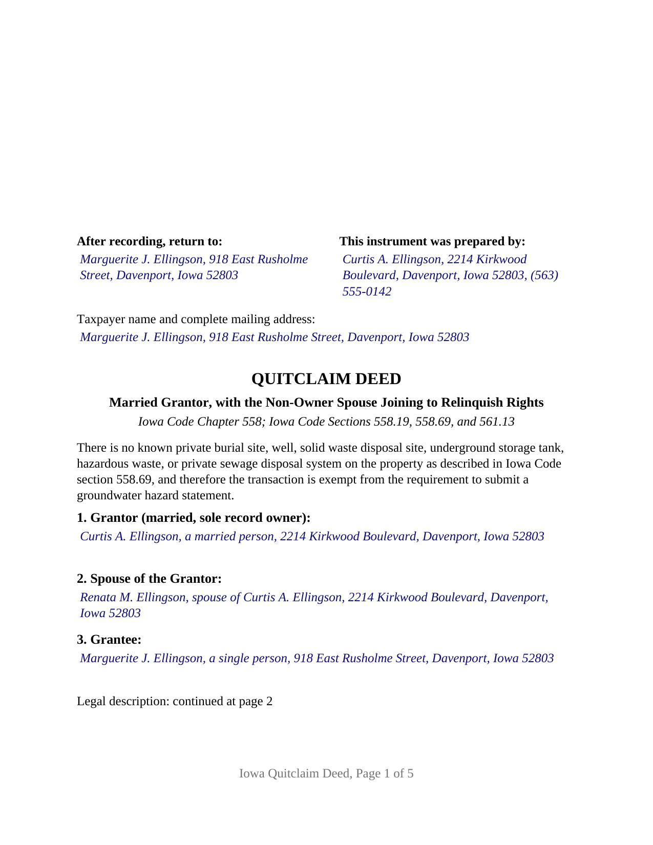 Winneshiek County Completed Example of the Quitclaim Deed (Married Grantor with Non-Owner Spouse Joinder) Document