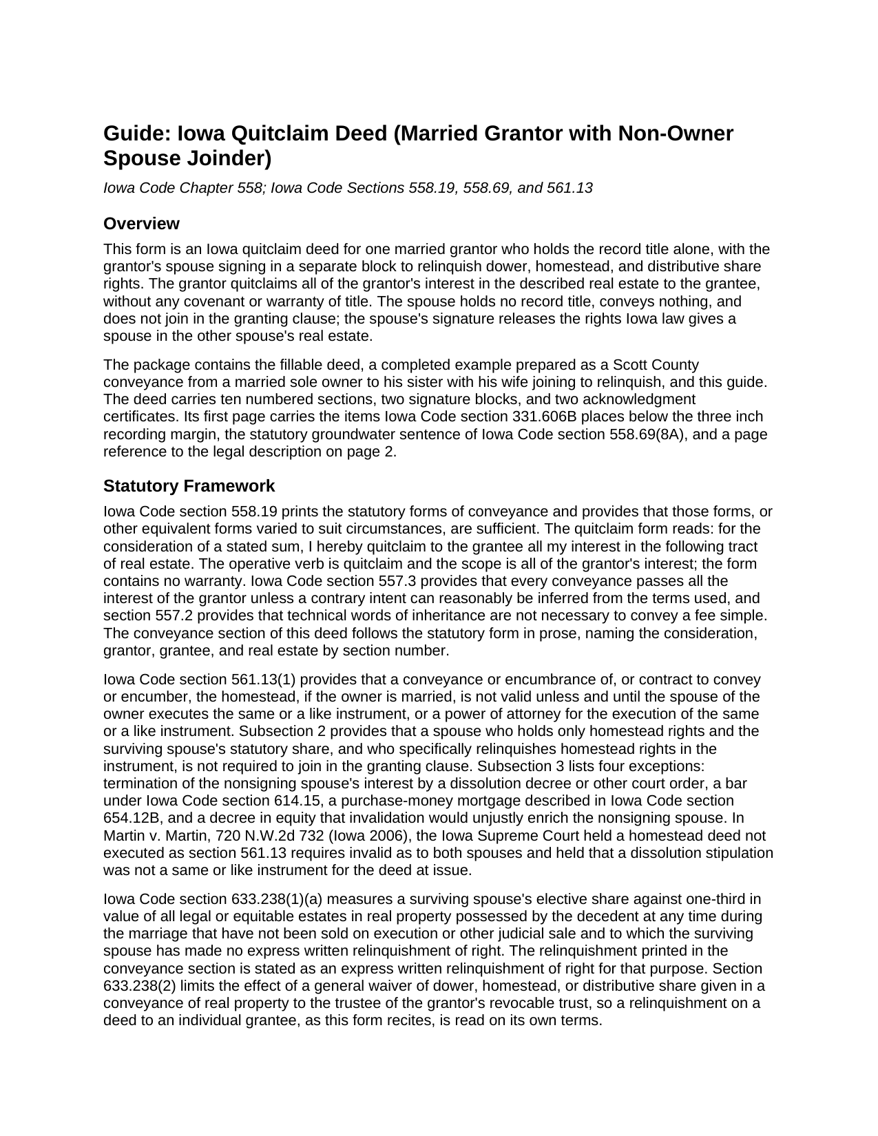 Winneshiek County Quitclaim Deed (Married Grantor with Non-Owner Spouse Joinder) Guide