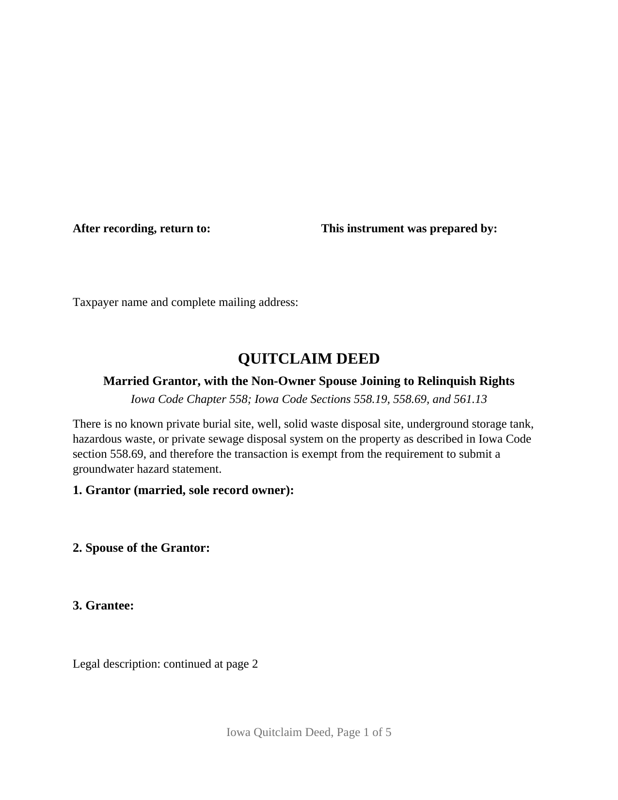 Winneshiek County Quitclaim Deed (Married Grantor with Non-Owner Spouse Joinder) Form