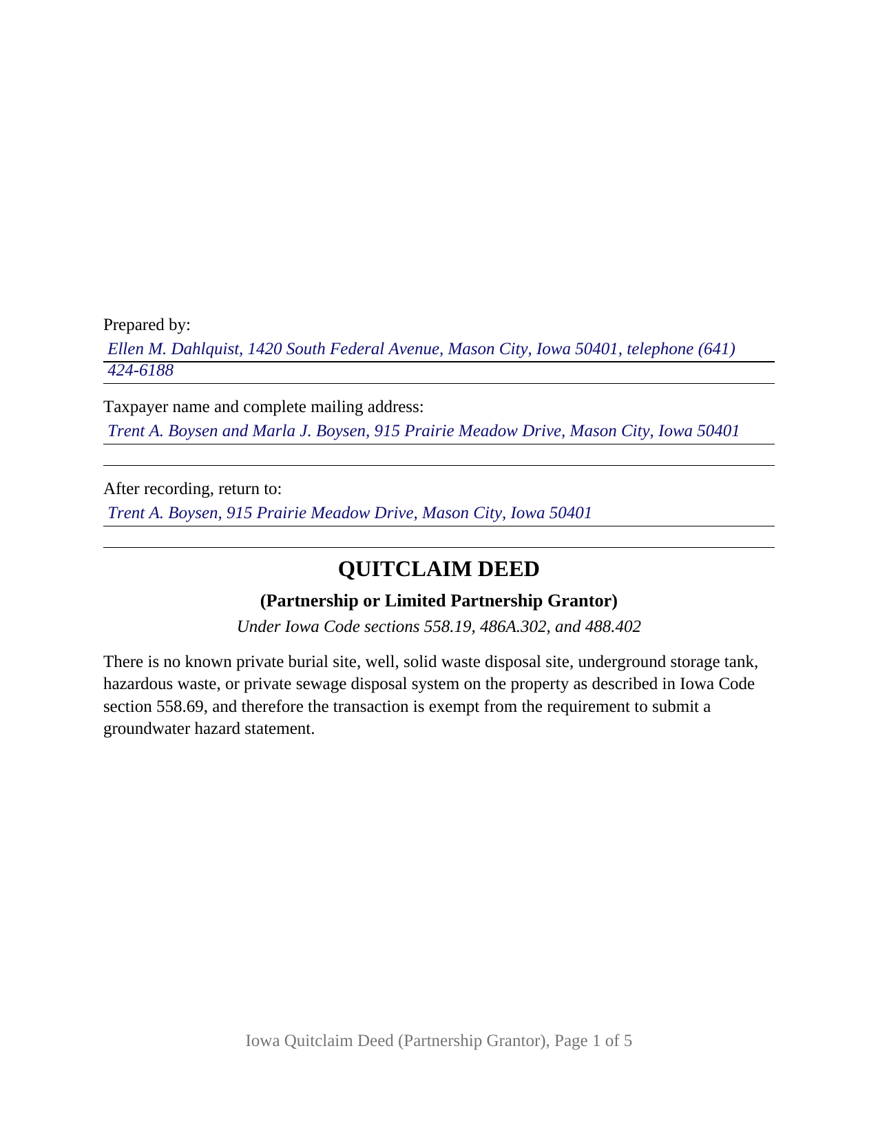 Wayne County Completed Example of the Quitclaim Deed (Partnership or Limited Partnership Grantor) Document