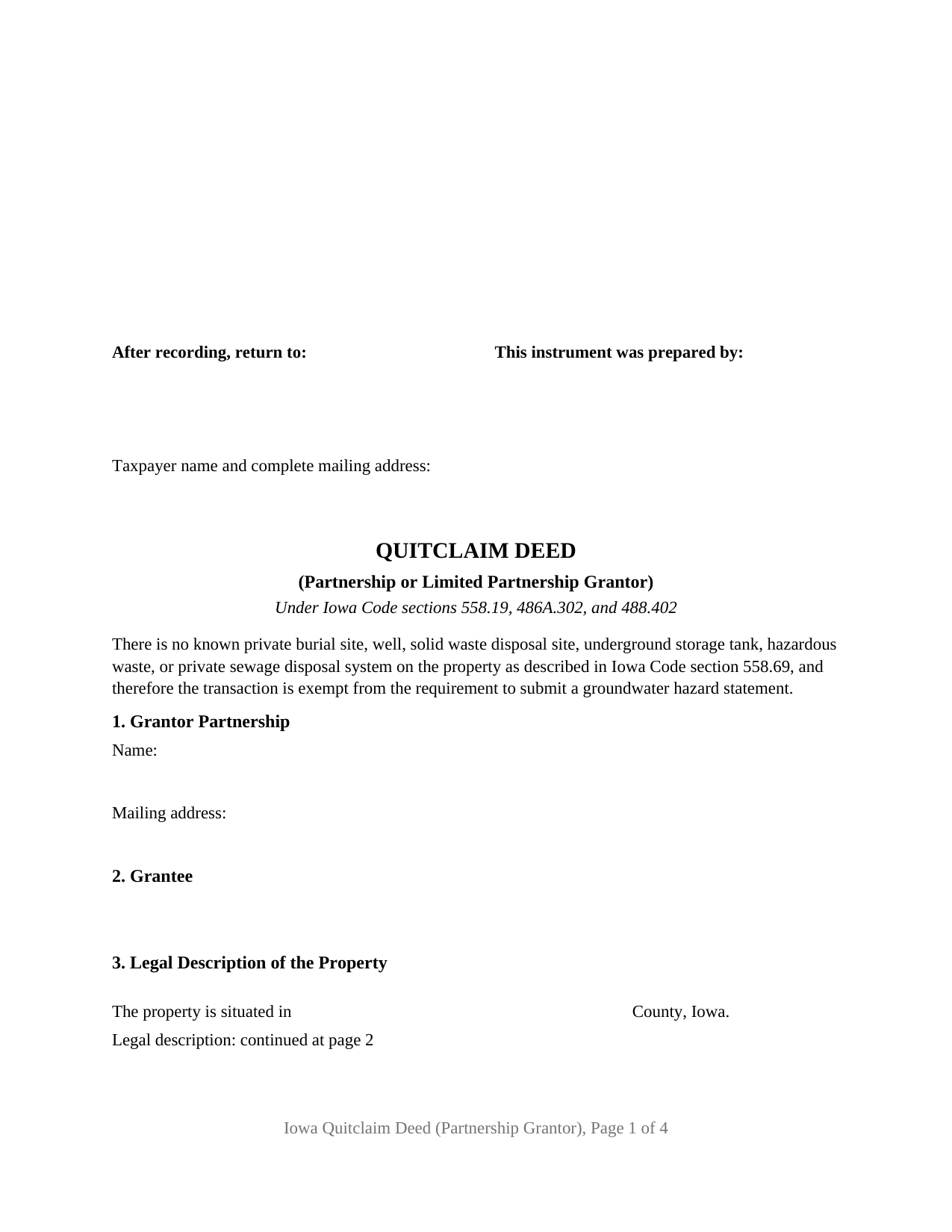 Winneshiek County Quitclaim Deed (Partnership or Limited Partnership Grantor) Form