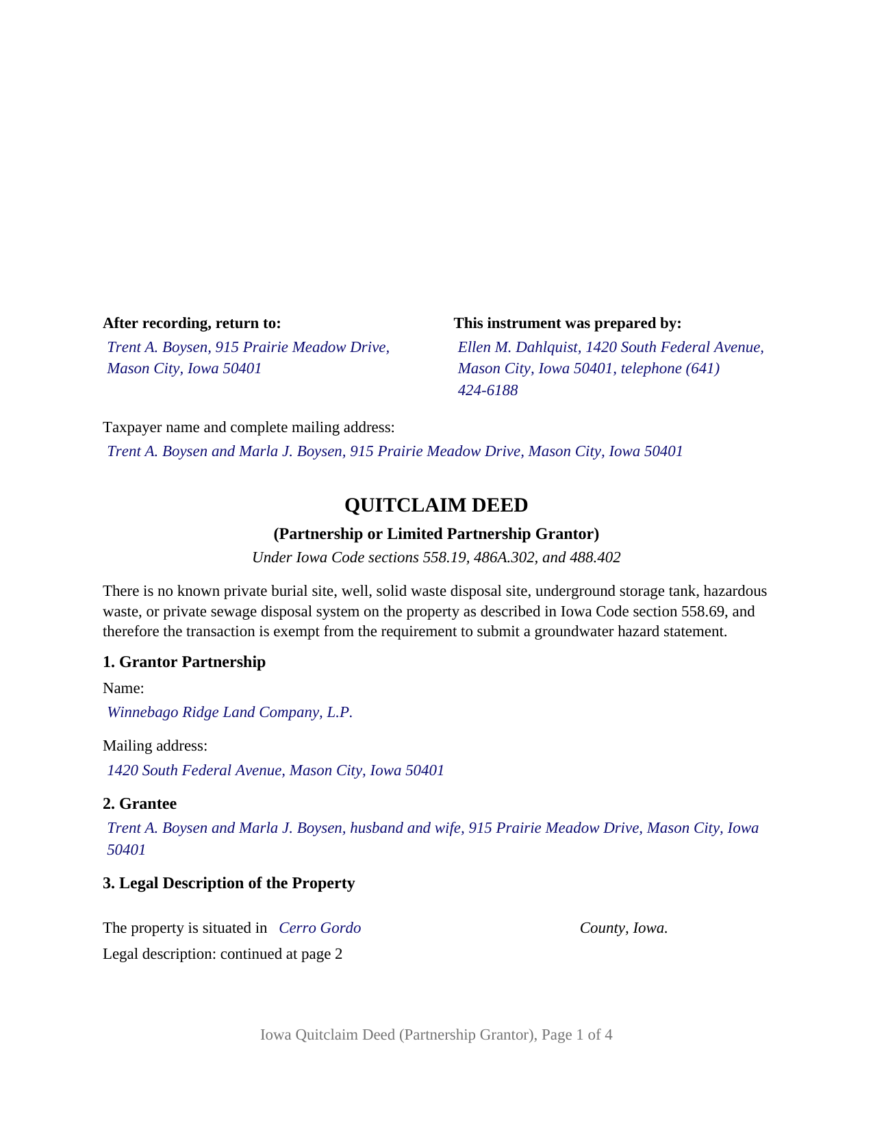 Winneshiek County Completed Example of the Quitclaim Deed (Partnership or Limited Partnership Grantor) Document