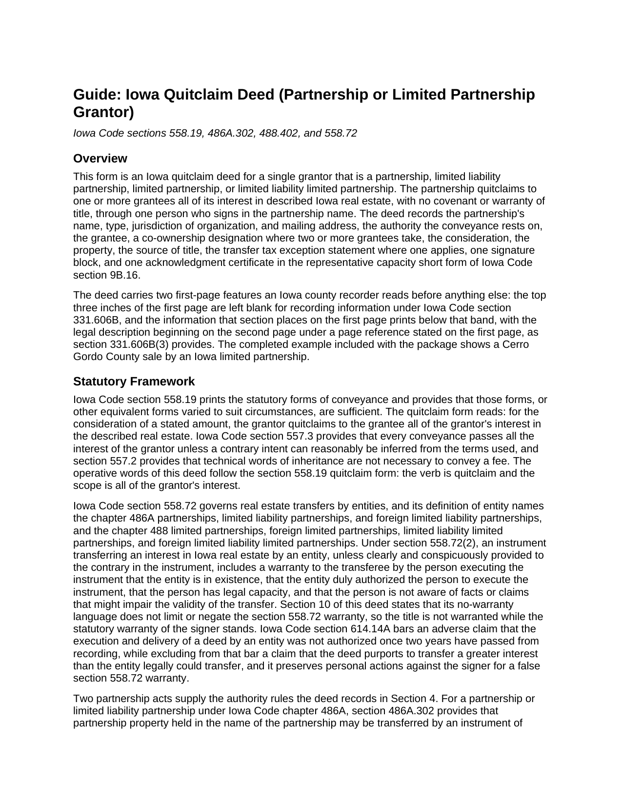 Winneshiek County Quitclaim Deed (Partnership or Limited Partnership Grantor) Guide
