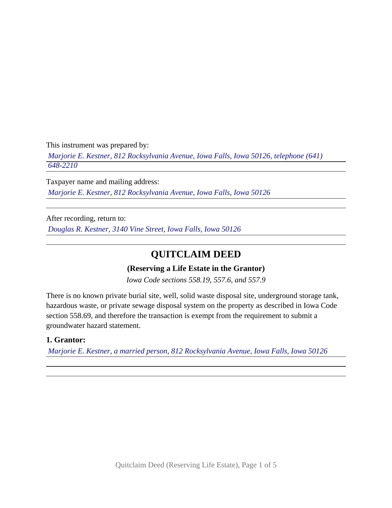 Butler County Completed Example of the Quitclaim Deed (Reserving Life Estate) Document