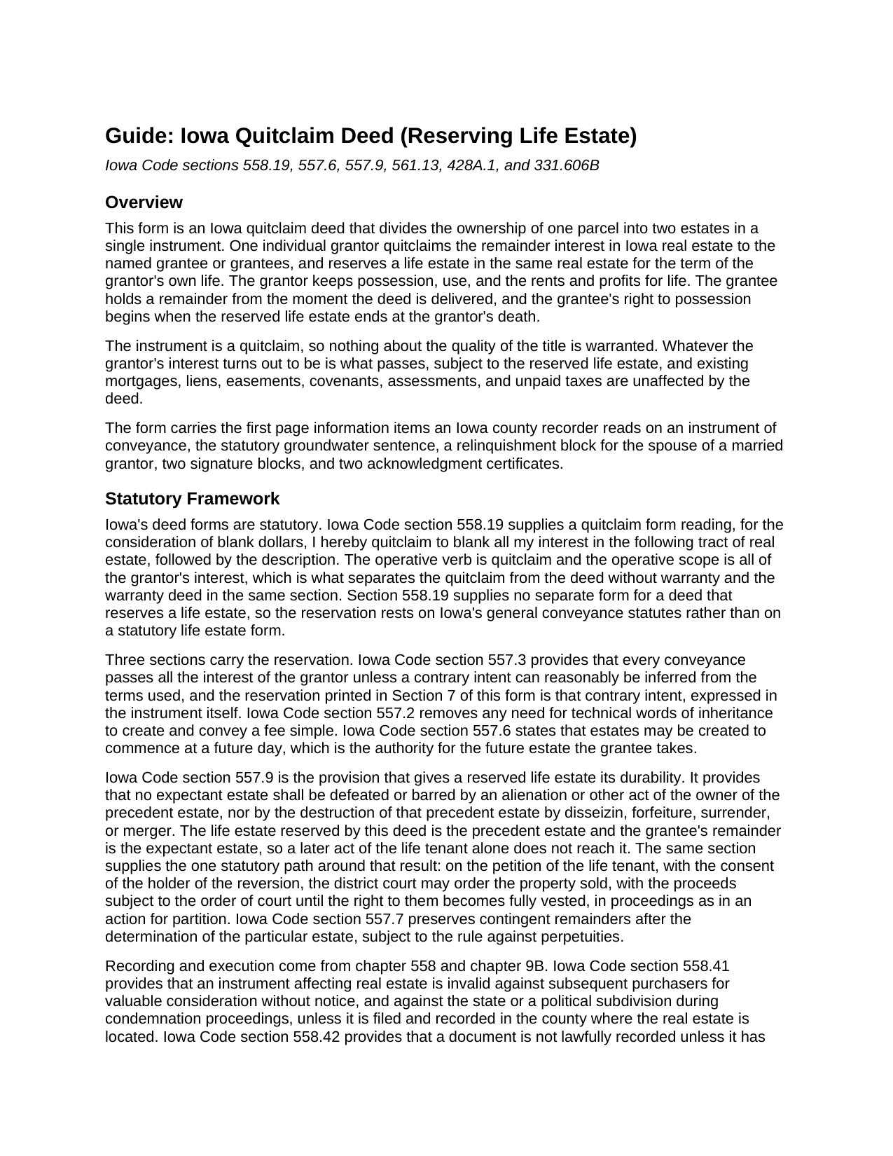 Butler County Quitclaim Deed (Reserving Life Estate) Guide