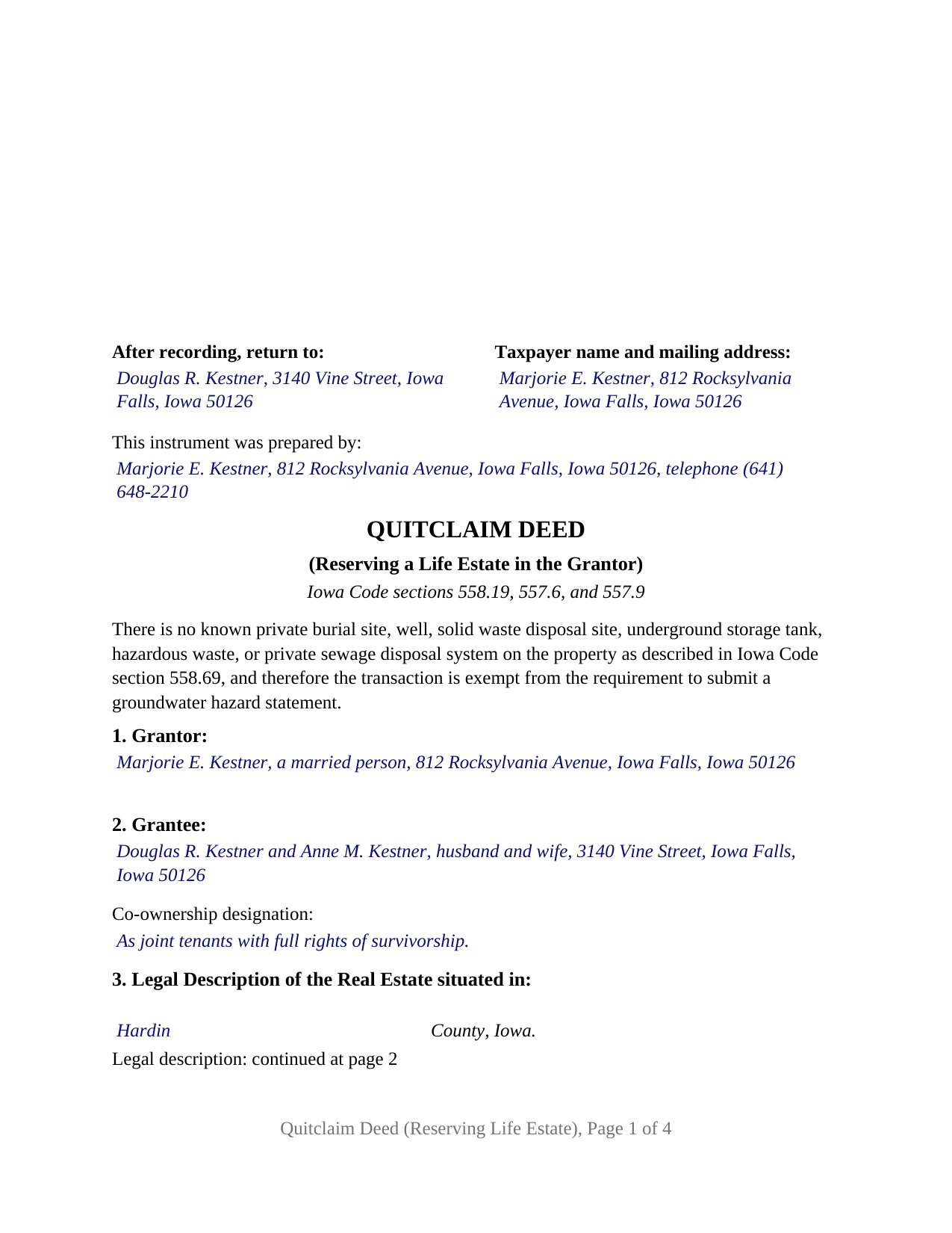 Winneshiek County Completed Example of the Quitclaim Deed (Reserving Life Estate) Document