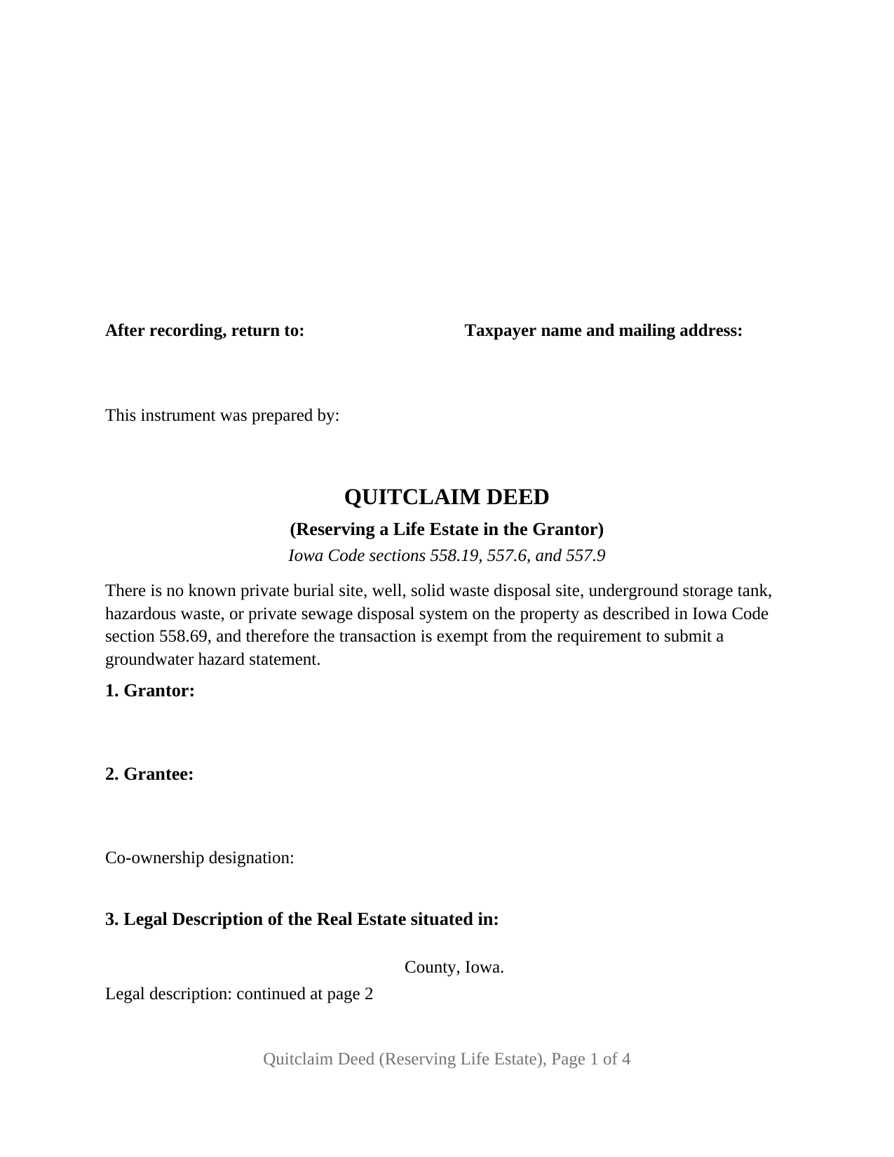 Winneshiek County Quitclaim Deed (Reserving Life Estate) Form