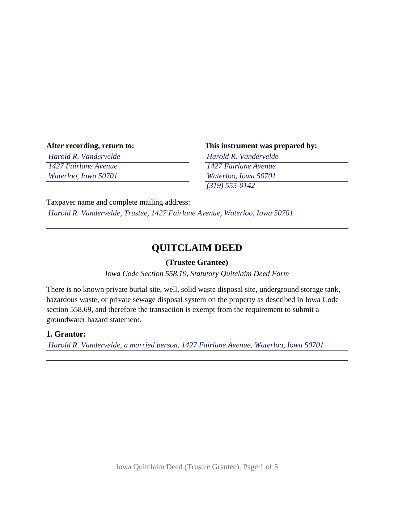 Buena Vista County Completed Example of the Quitclaim Deed (Trustee Grantee) Document