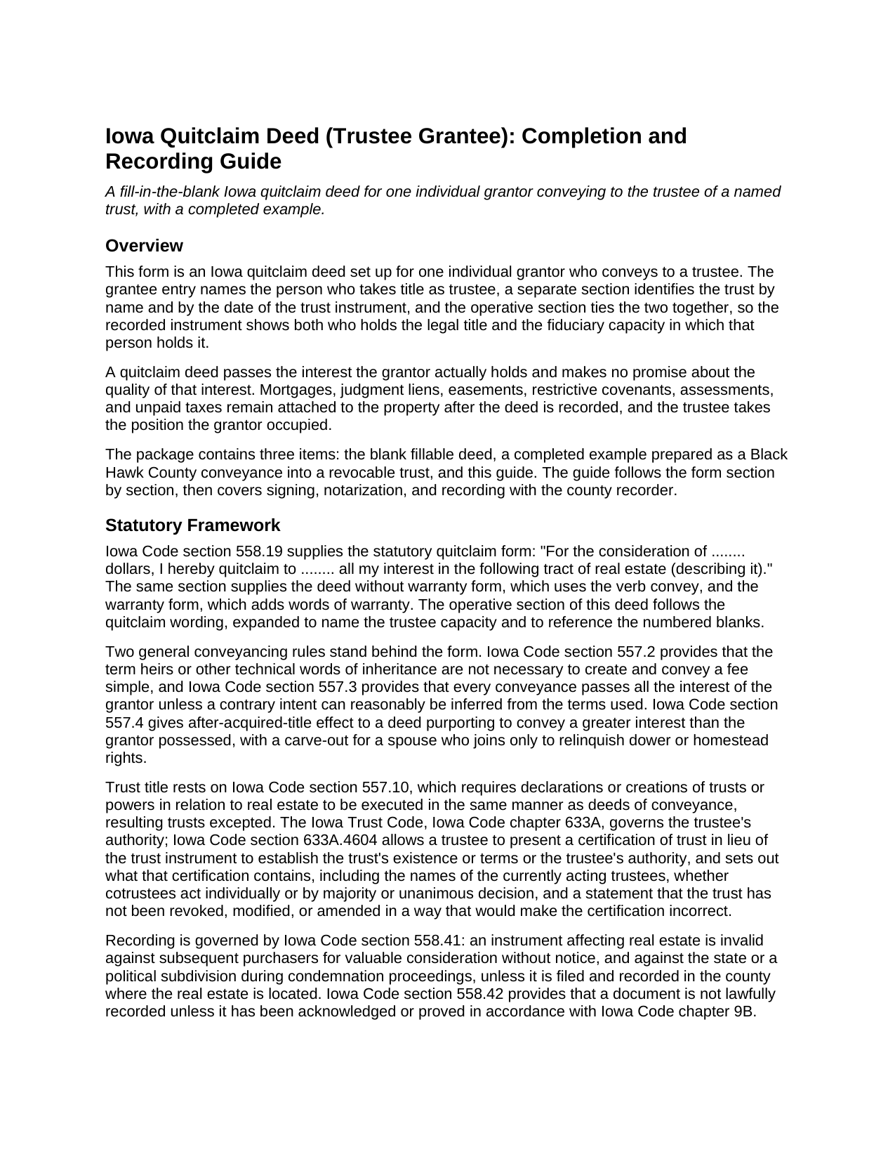 Buena Vista County Quitclaim Deed (Trustee Grantee) Guide