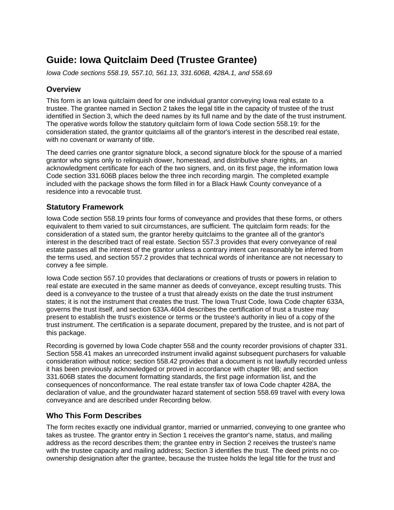 Guthrie County Quitclaim Deed (Trustee Grantee) Guide