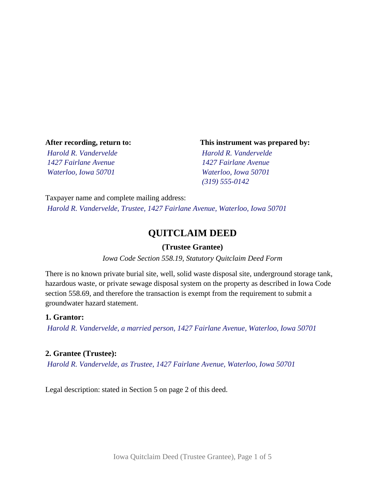 Guthrie County Completed Example of the Quitclaim Deed (Trustee Grantee) Document