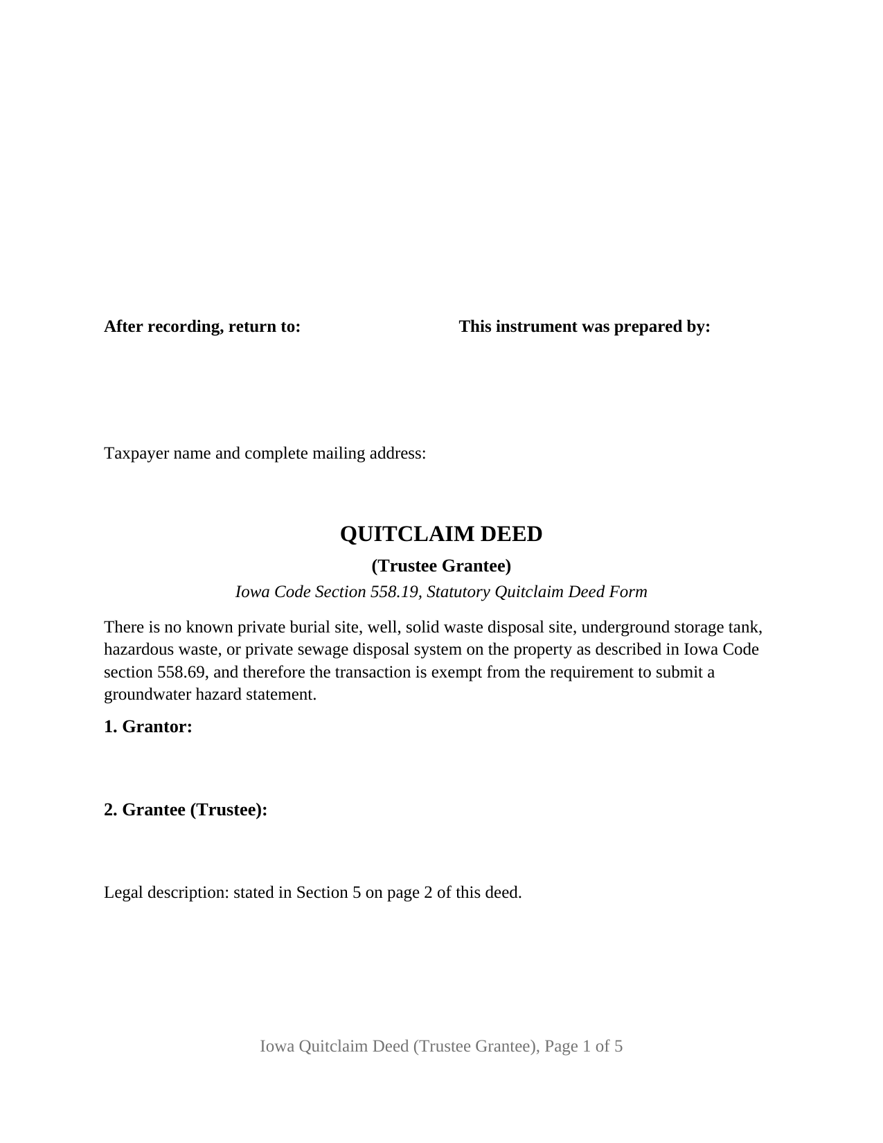 Guthrie County Quitclaim Deed (Trustee Grantee) Form