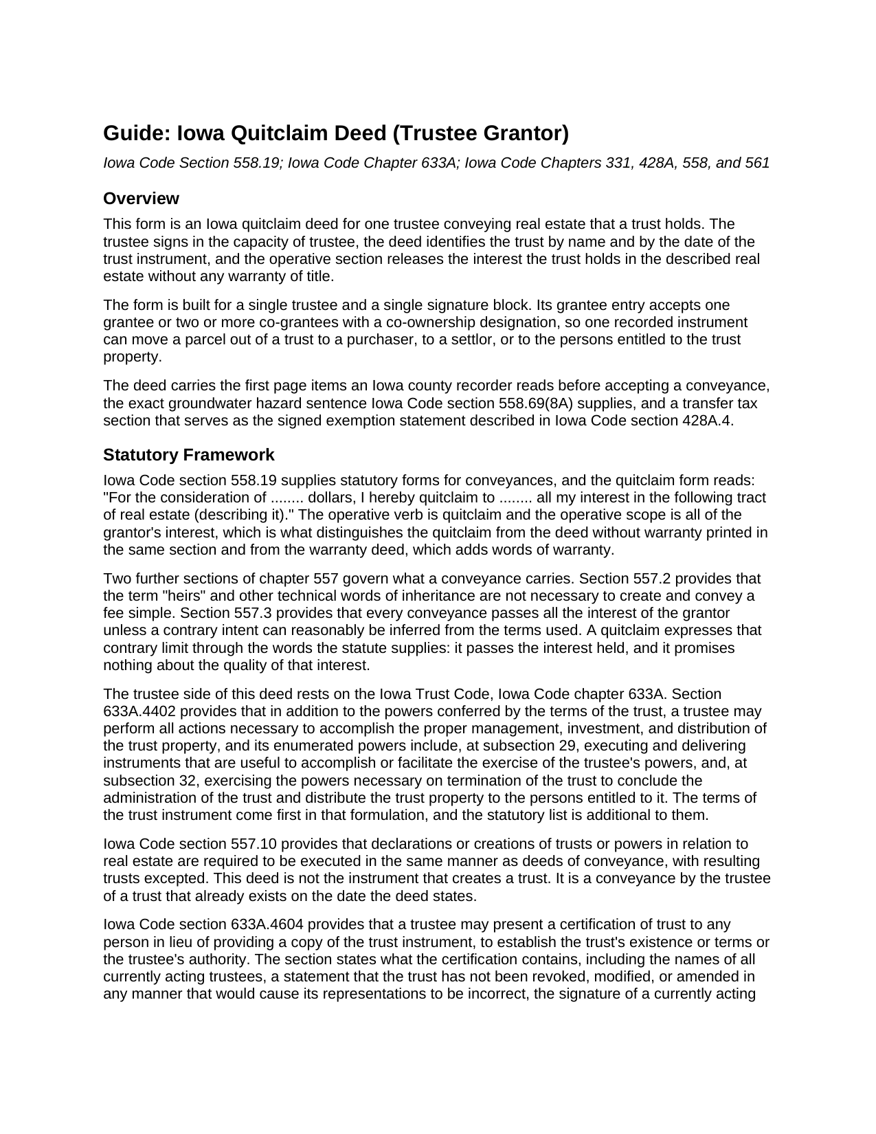 Des Moines County Quitclaim Deed (Trustee Grantor) Guide