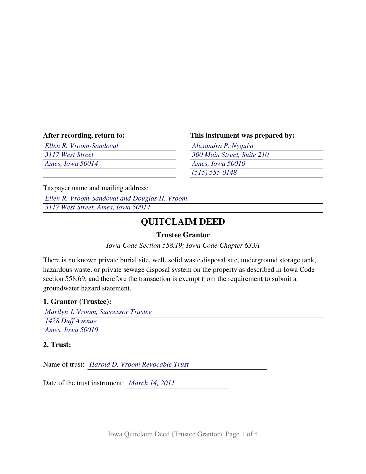 Des Moines County Completed Example of the Quitclaim Deed (Trustee Grantor) Document