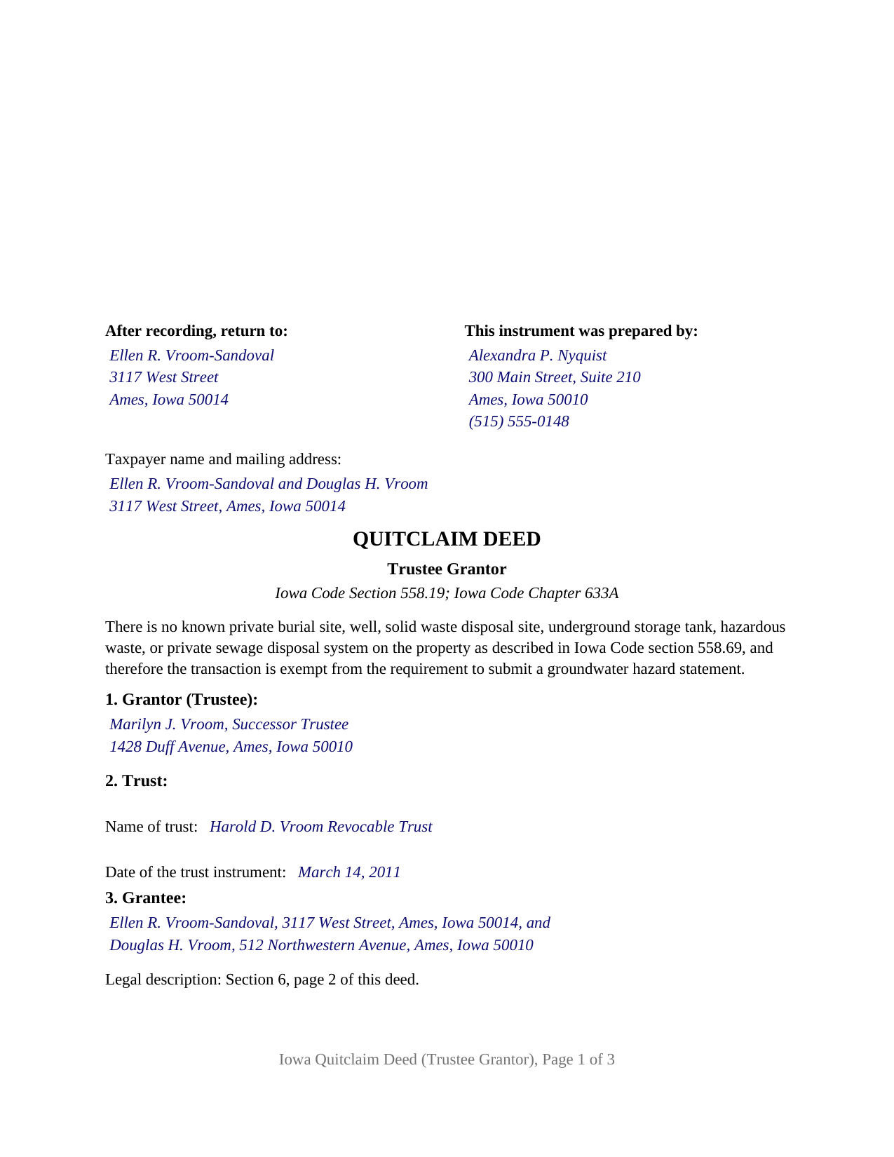 Floyd County Completed Example of the Quitclaim Deed (Trustee Grantor) Document