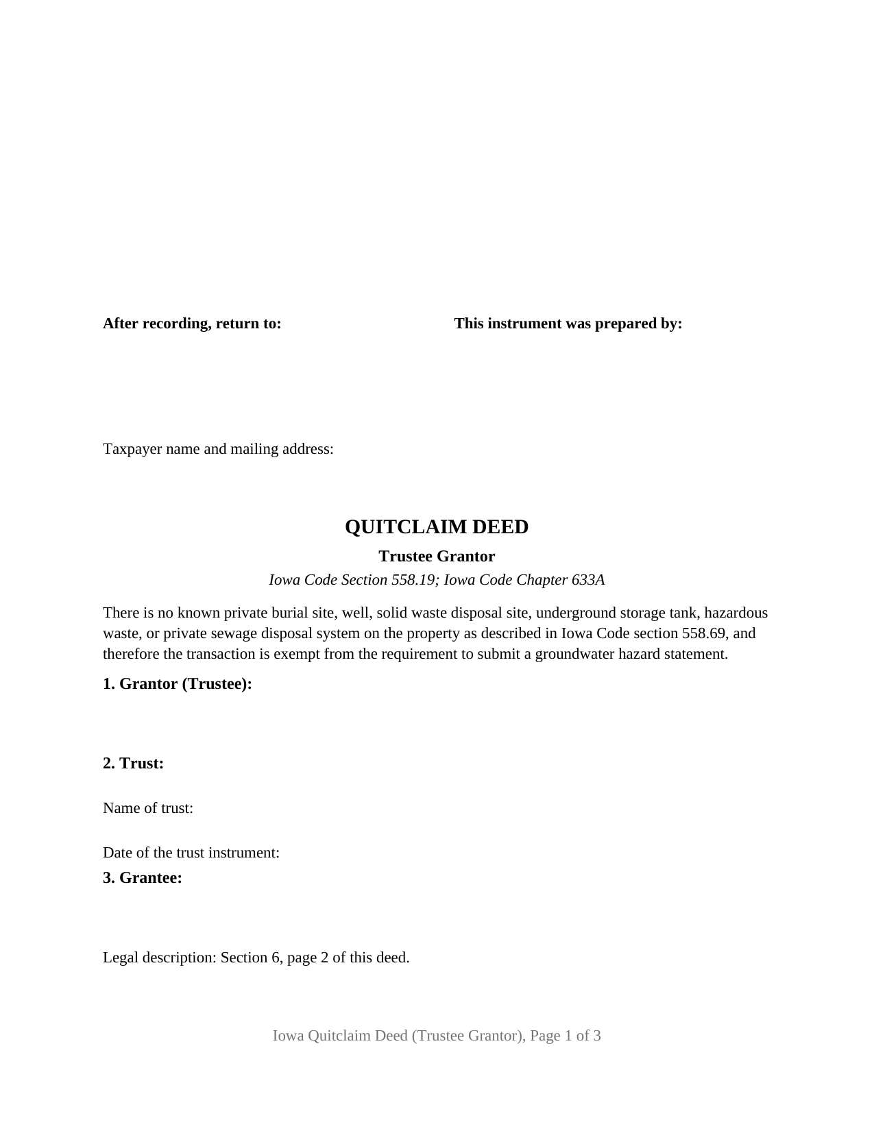 Floyd County Quitclaim Deed (Trustee Grantor) Form
