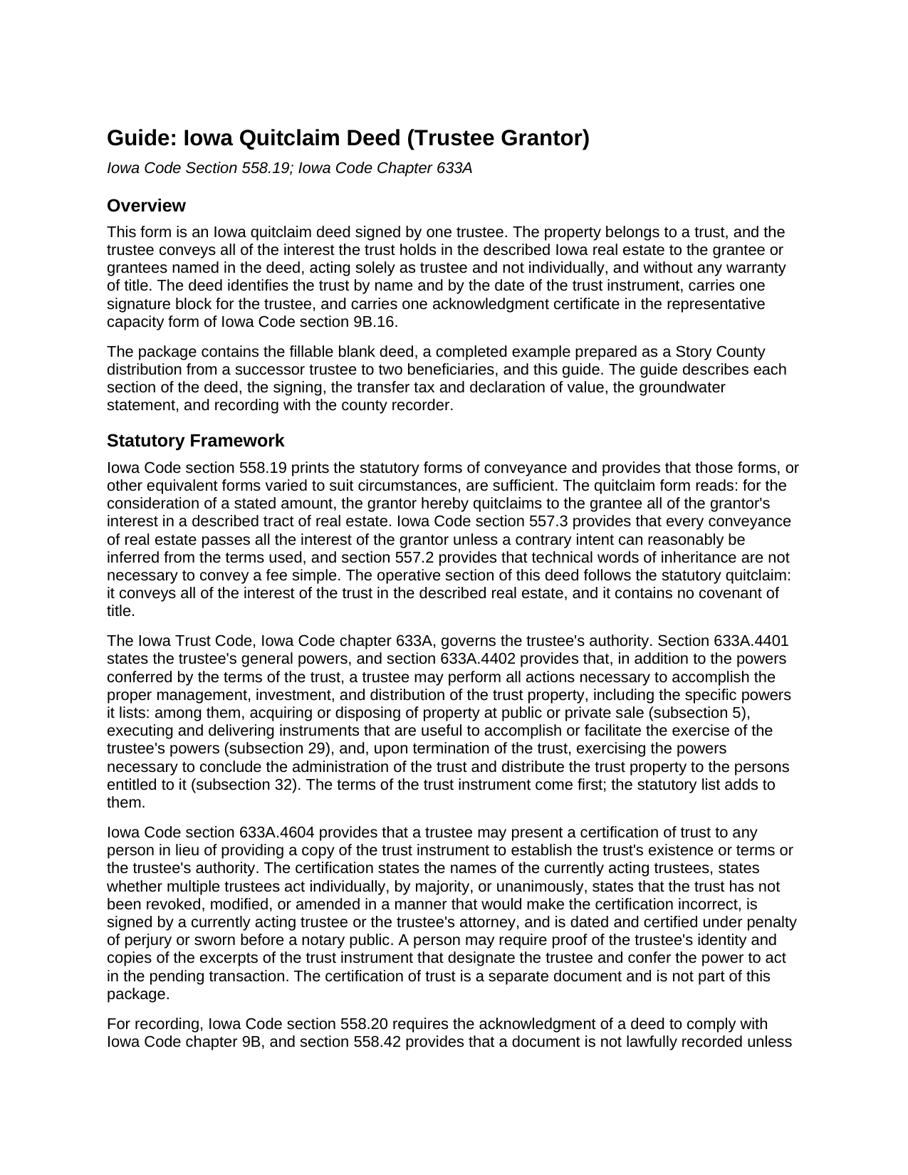 Floyd County Quitclaim Deed (Trustee Grantor) Guide