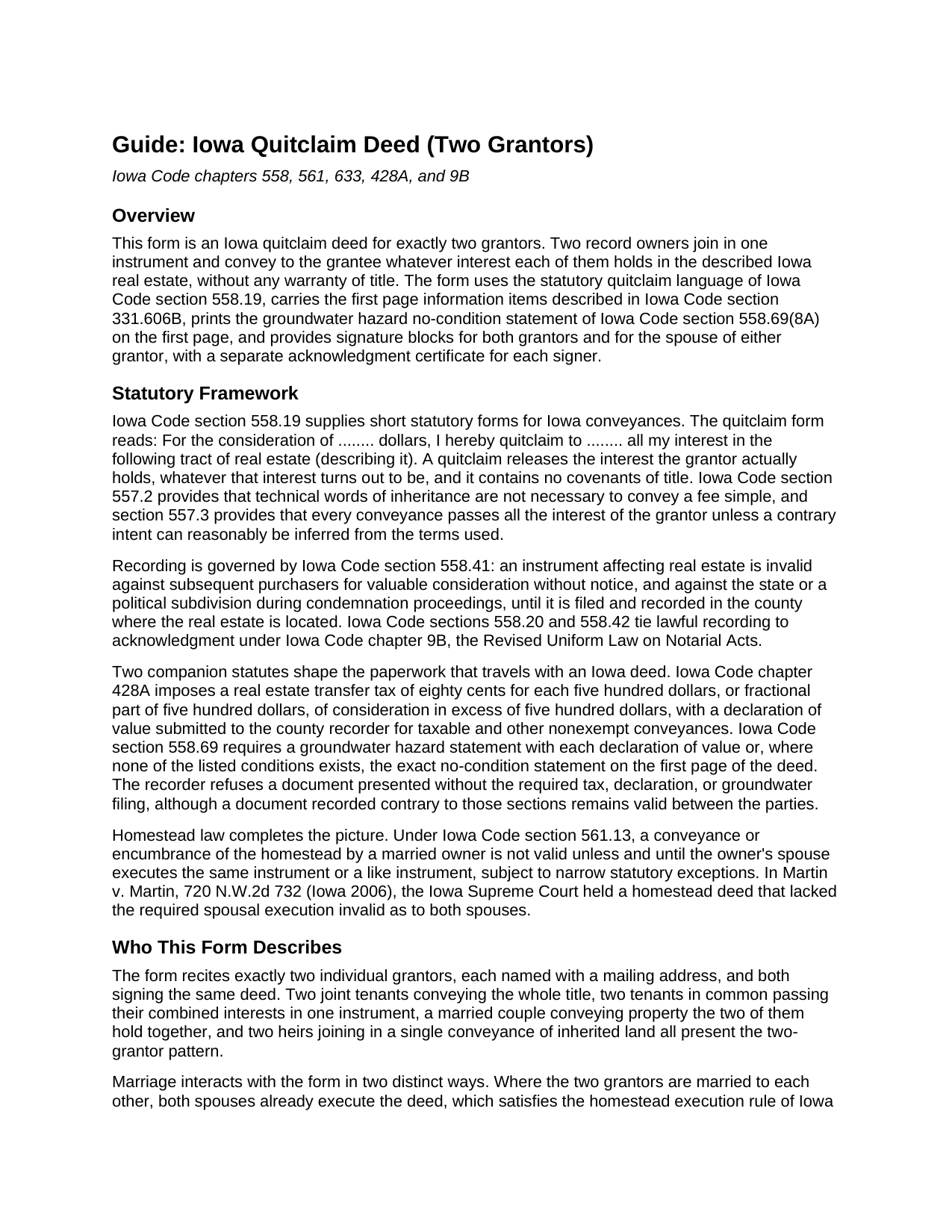 Sioux County Quitclaim Deed (Two Grantors) Guide