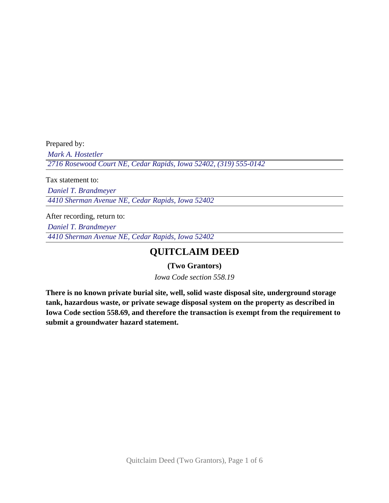 Sioux County Completed Example of the Quitclaim Deed (Two Grantors) Document
