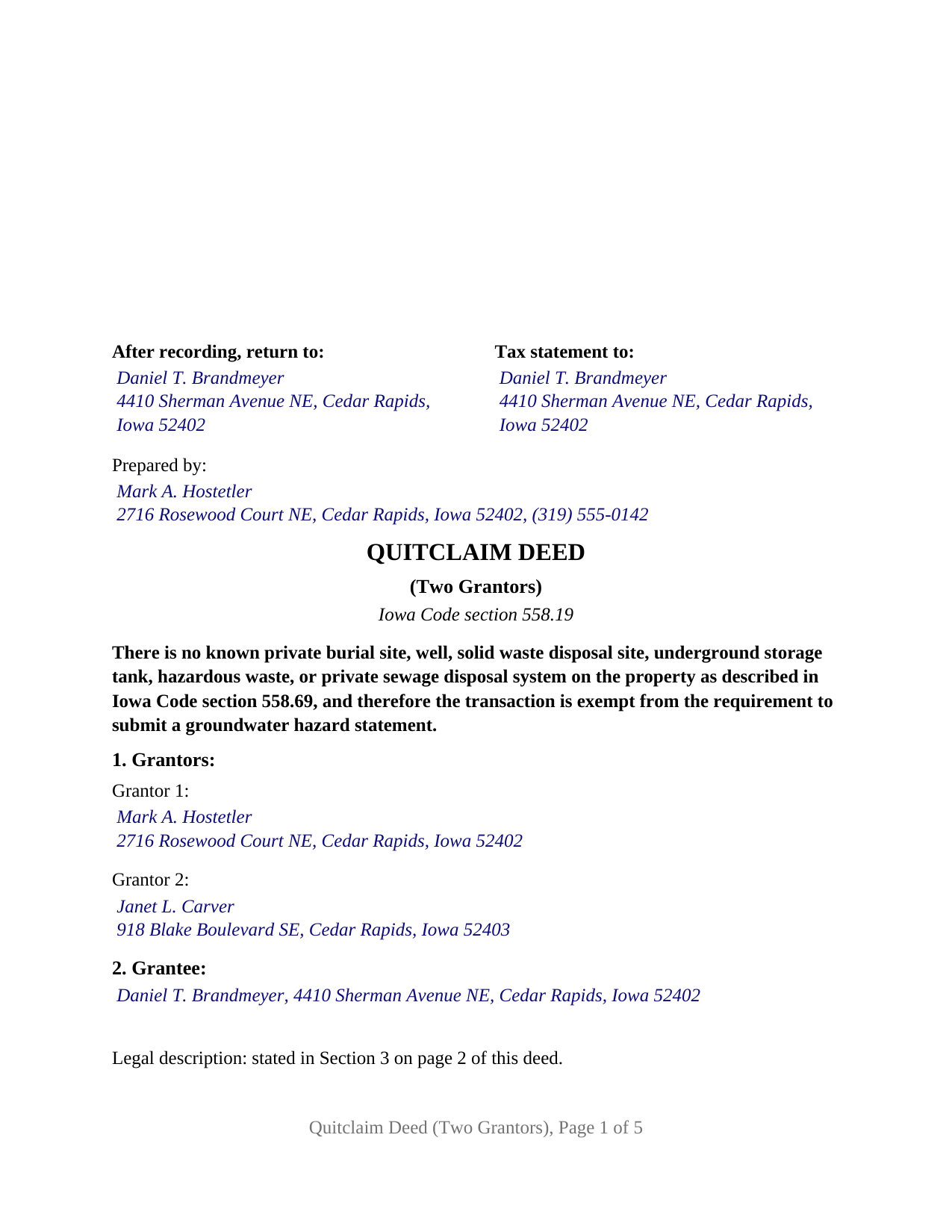 Appanoose County Completed Example of the Quitclaim Deed (Two Grantors) Document