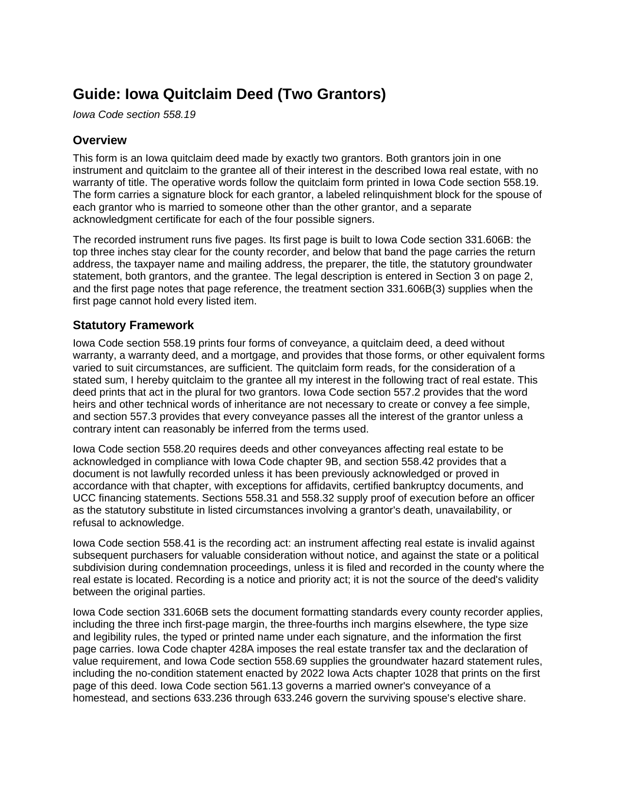 Appanoose County Quitclaim Deed (Two Grantors) Guide