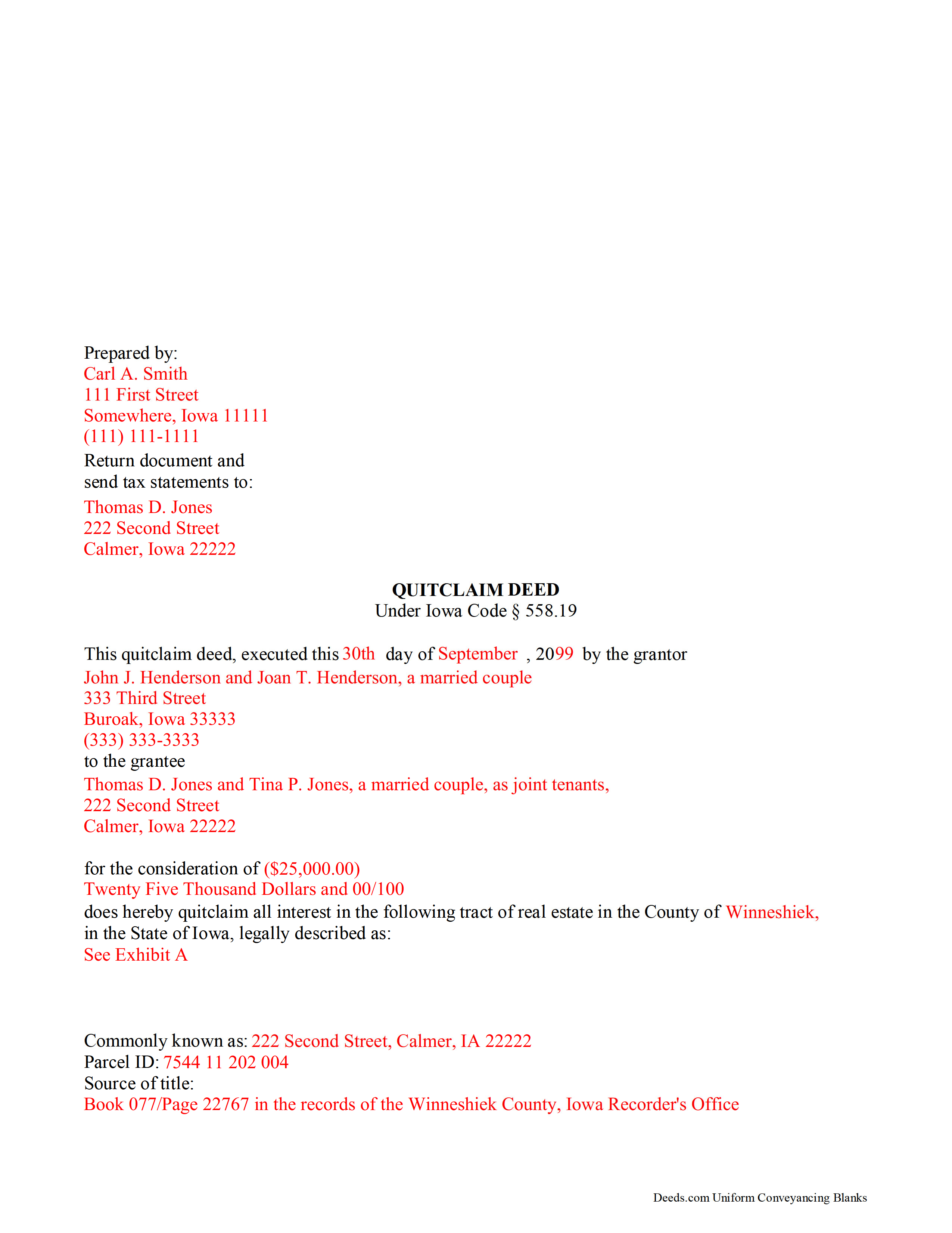 Buena Vista County Completed Example of the Quitclaim Deed Document
