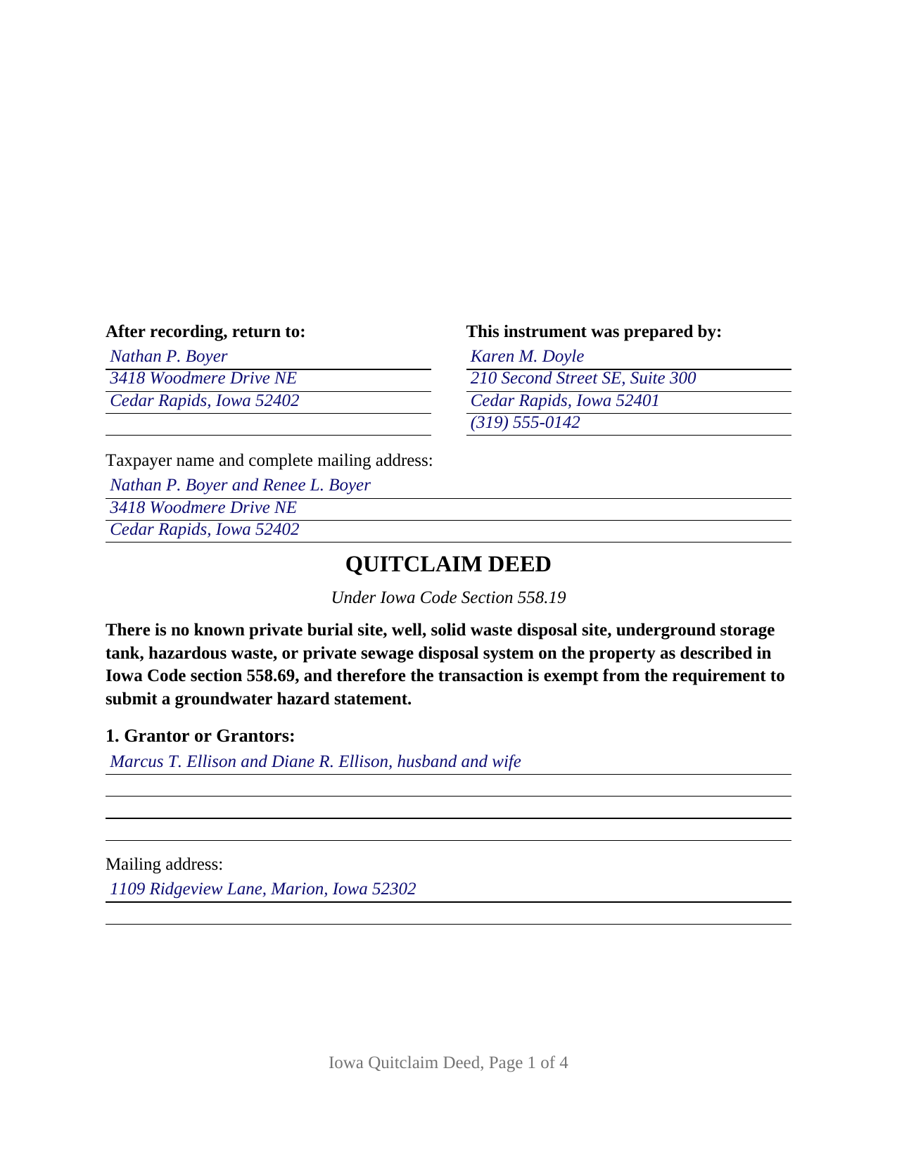 Page County Completed Example of the Quitclaim Deed Document