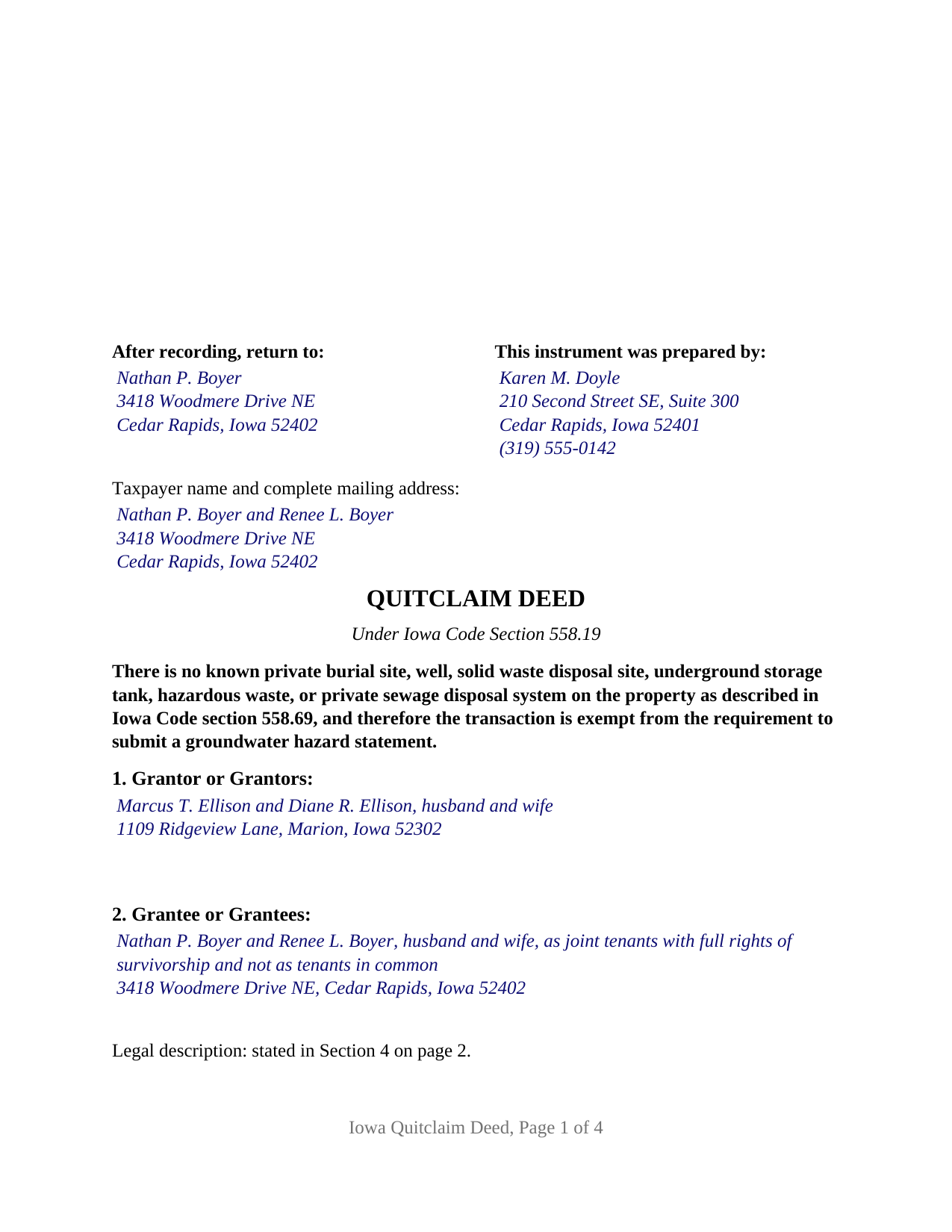 Hardin County Completed Example of the Quitclaim Deed Document