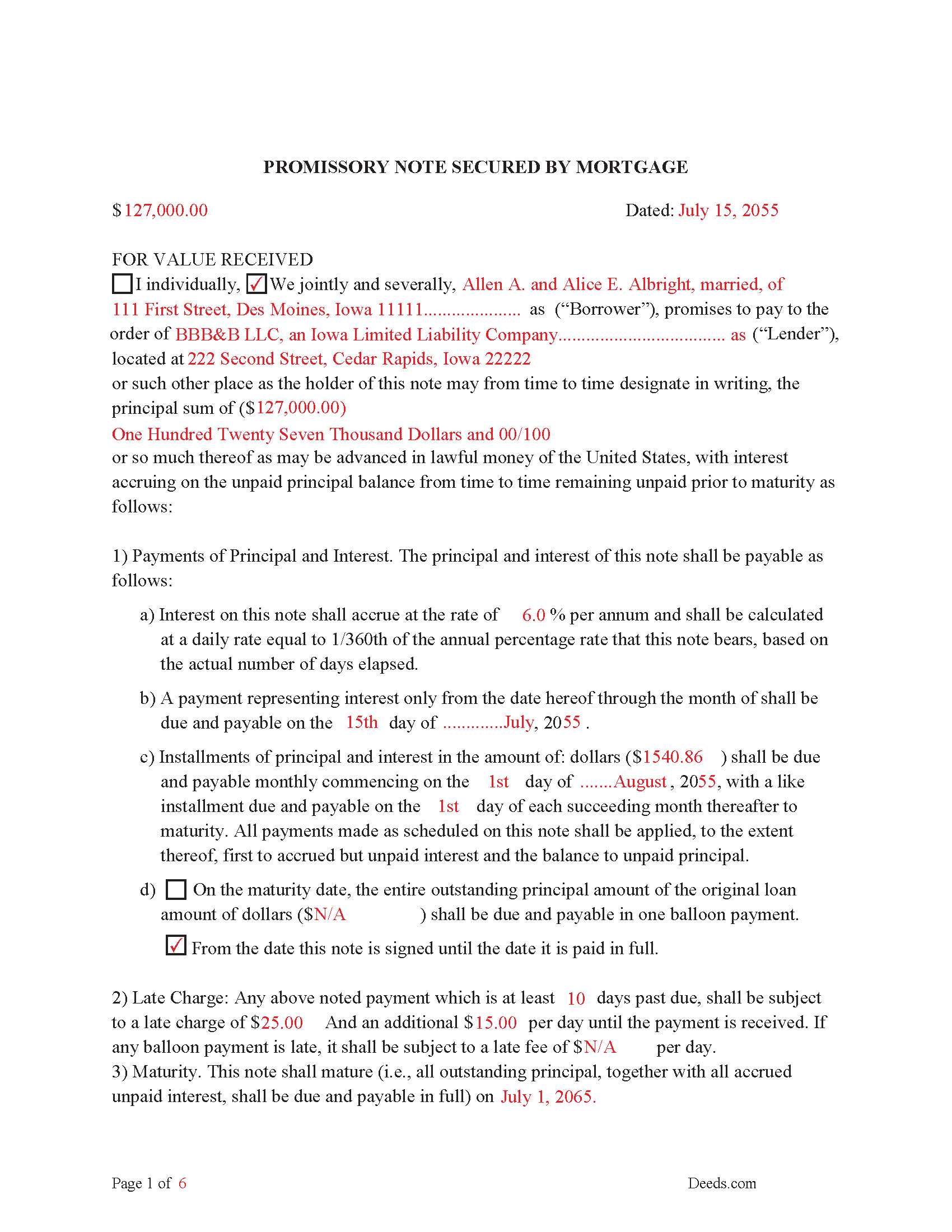 Completed Example of the Promissory Note Document