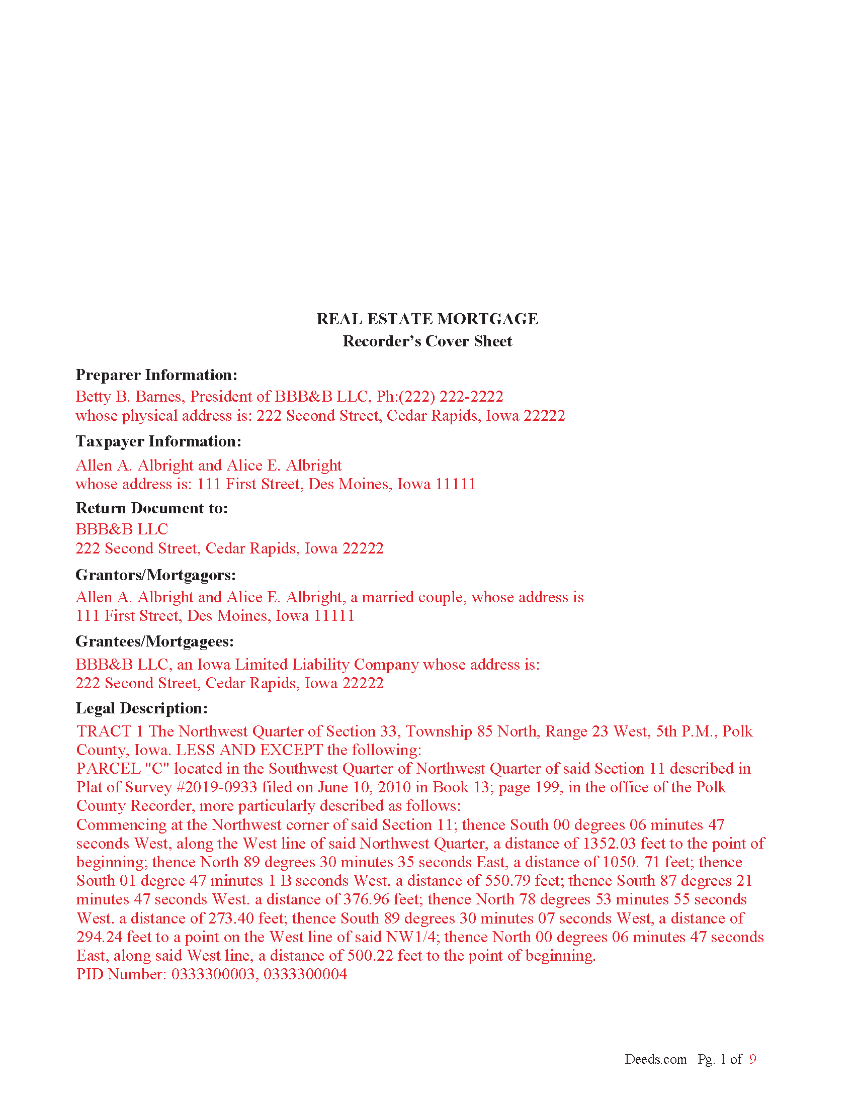 Poweshiek County Completed Example of a Real Estate Mortgage Document