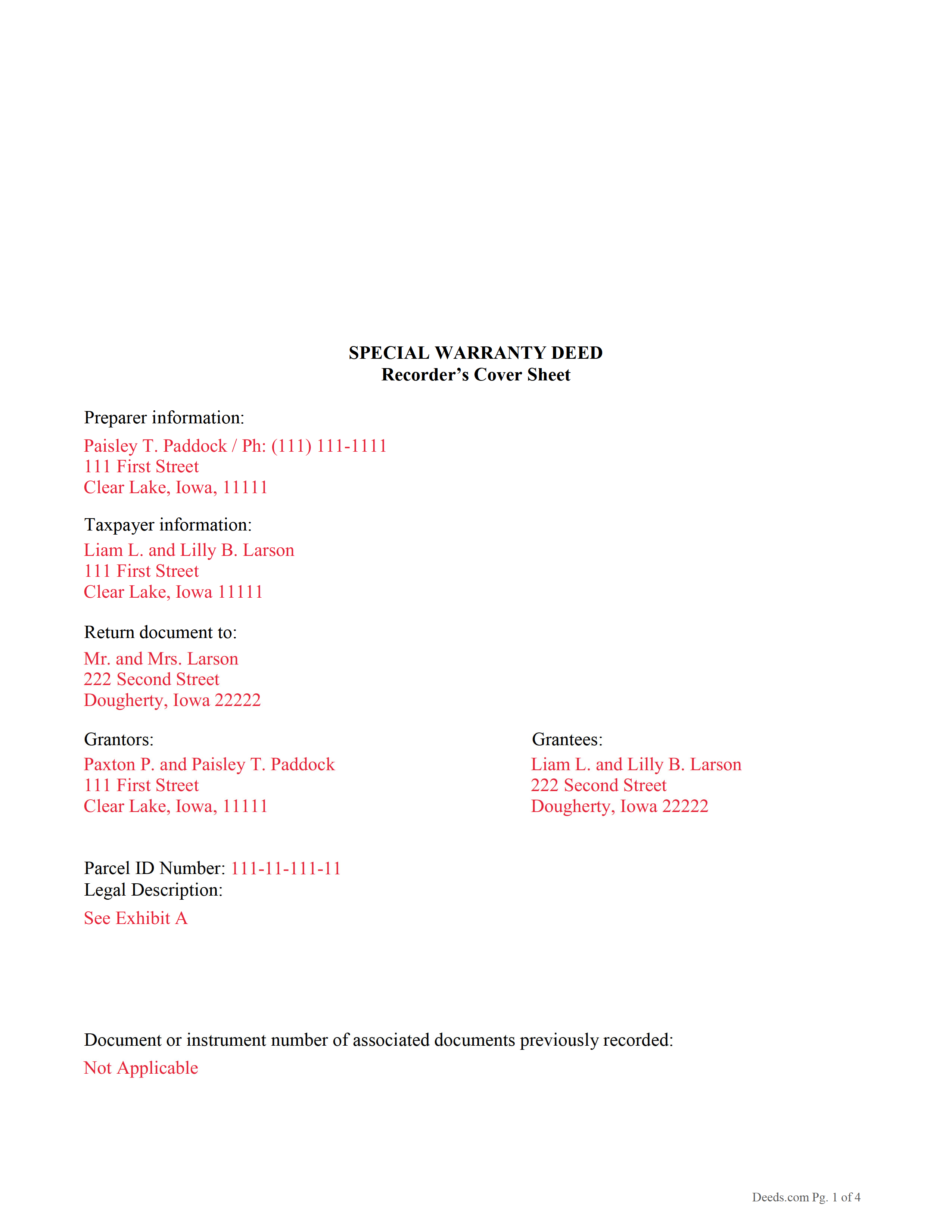 Completed Example of the Special Warranty Deed Document