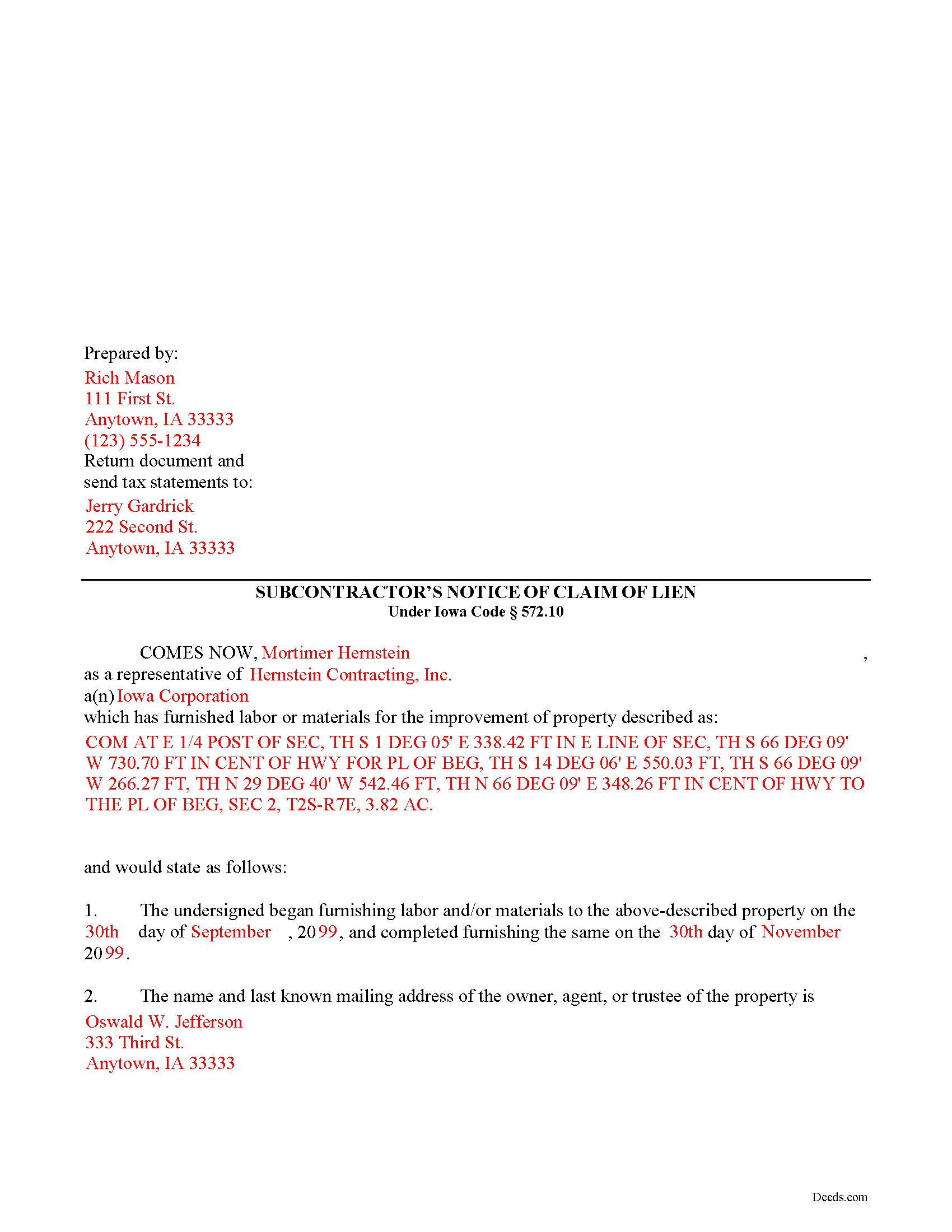 Completed Example of the Subcontractor Claim of Mechanics Lien Document