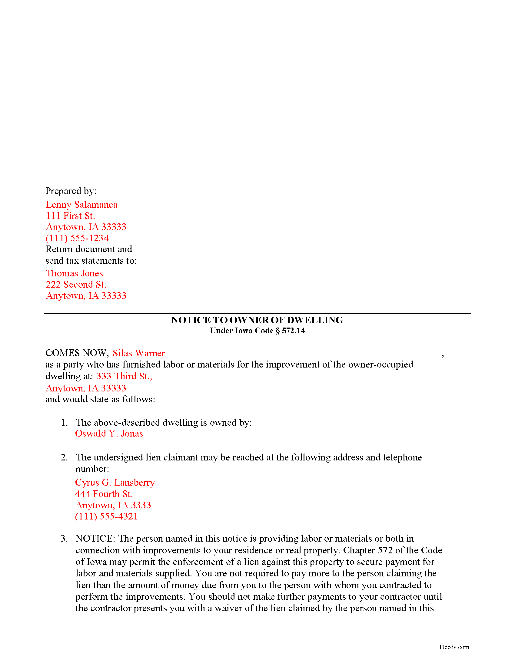 Completed Example of the Subcontractor Notice to Owner Document