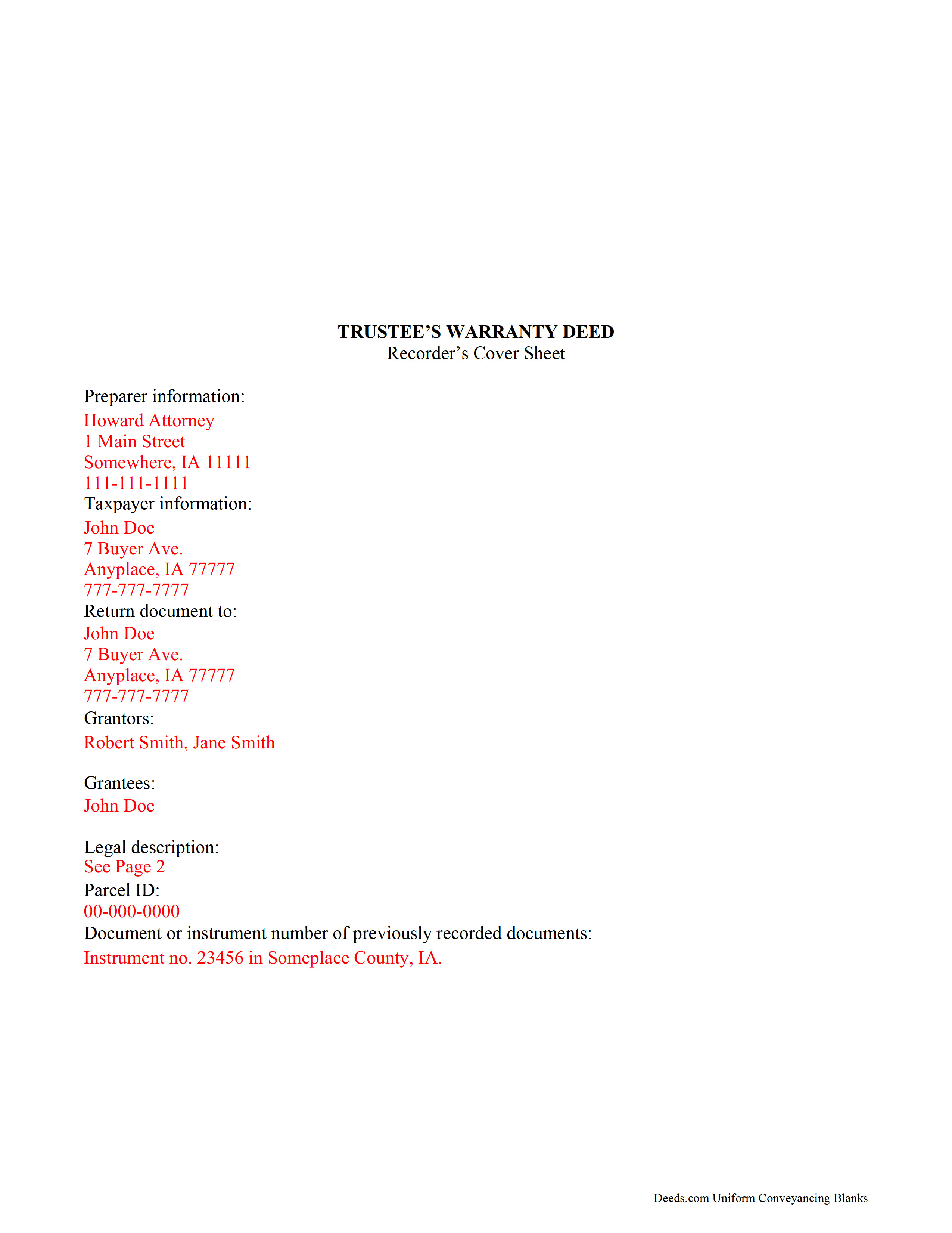 Howard County Completed Example of the Trustee Warranty Deed Document