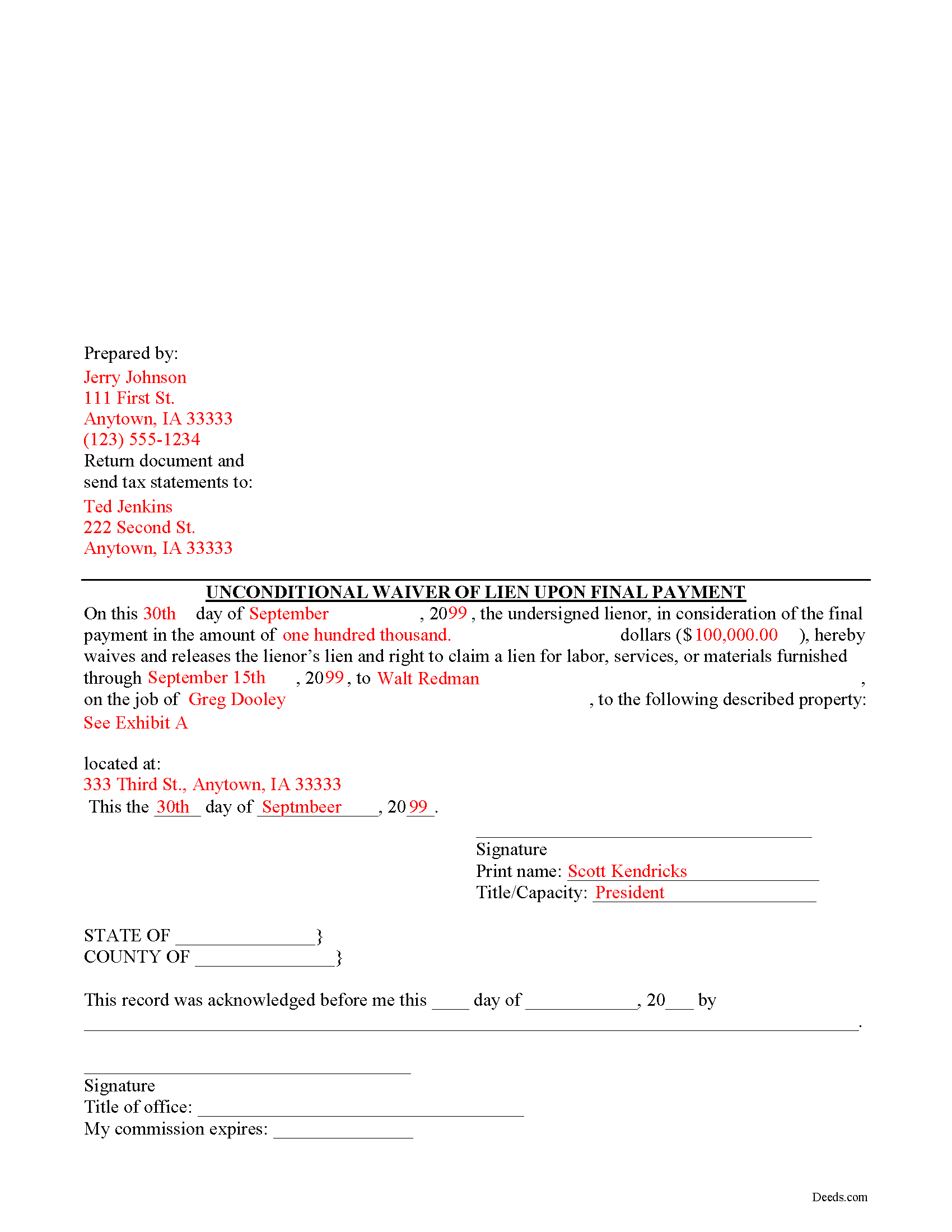 Floyd County Completed Example of the Unconditional Waiver on Final Payment Document