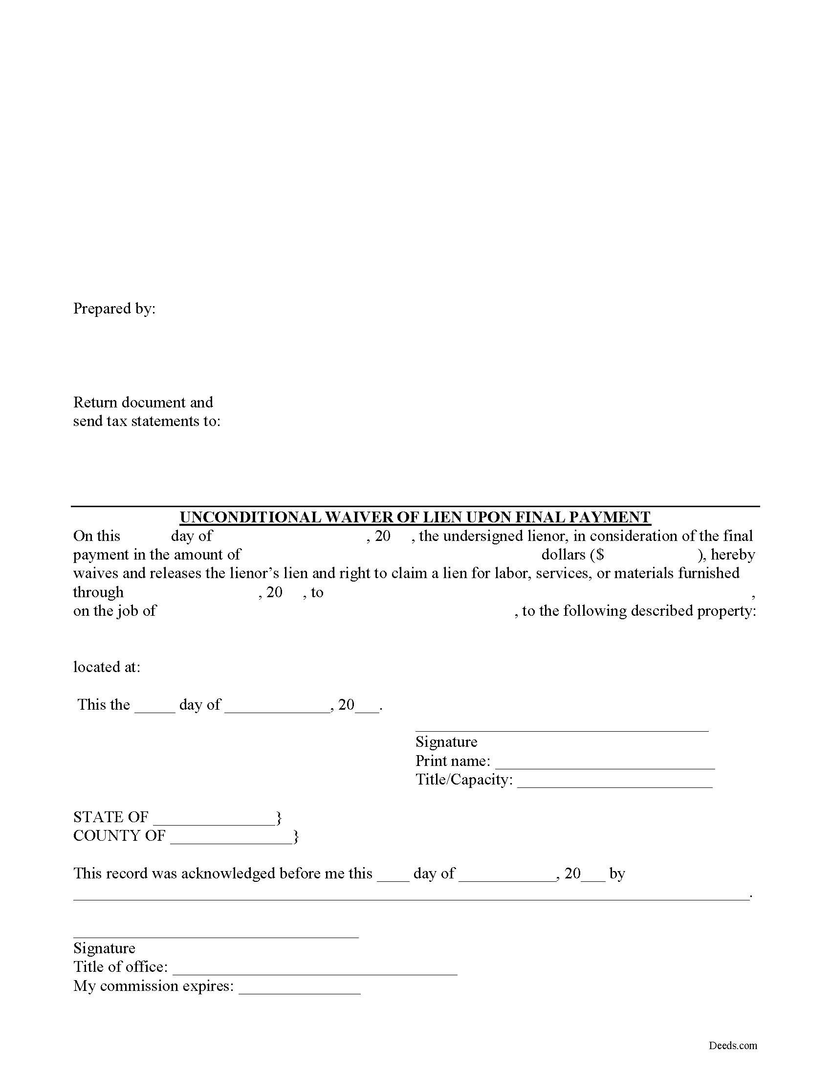 Floyd County Unconditional Waiver on Final Payment Form