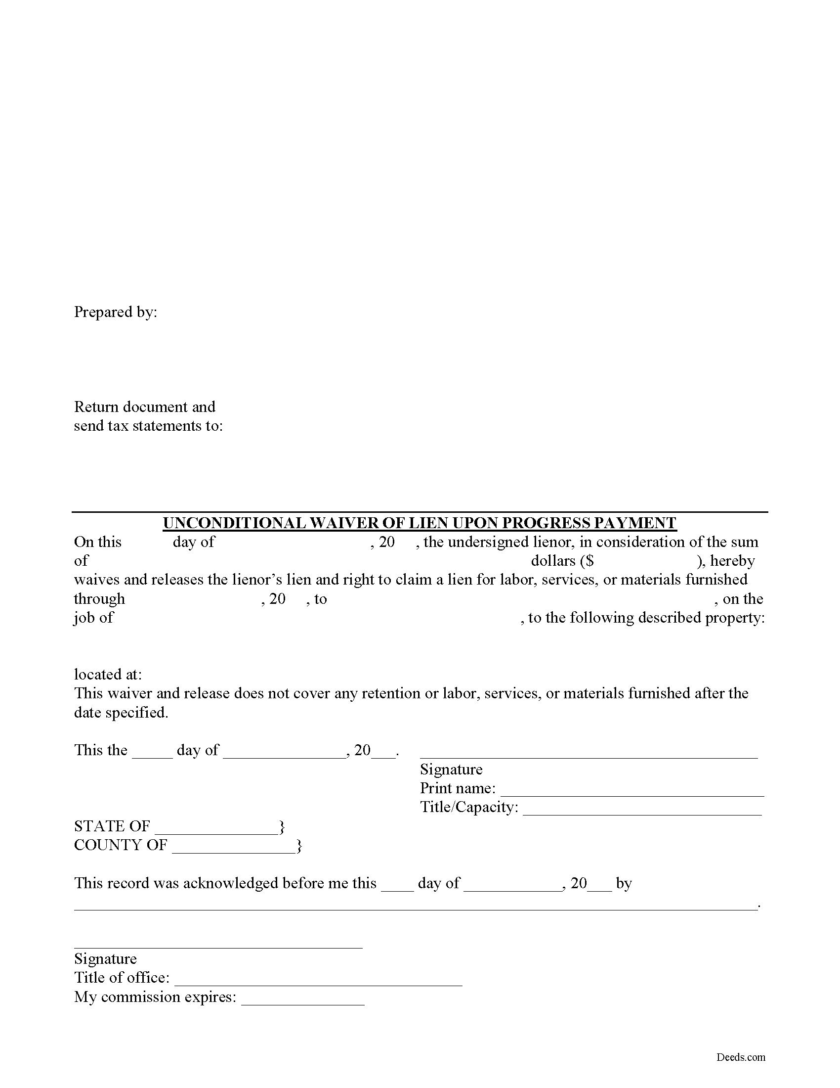 Unconditional Waiver upon Progress Payment Form