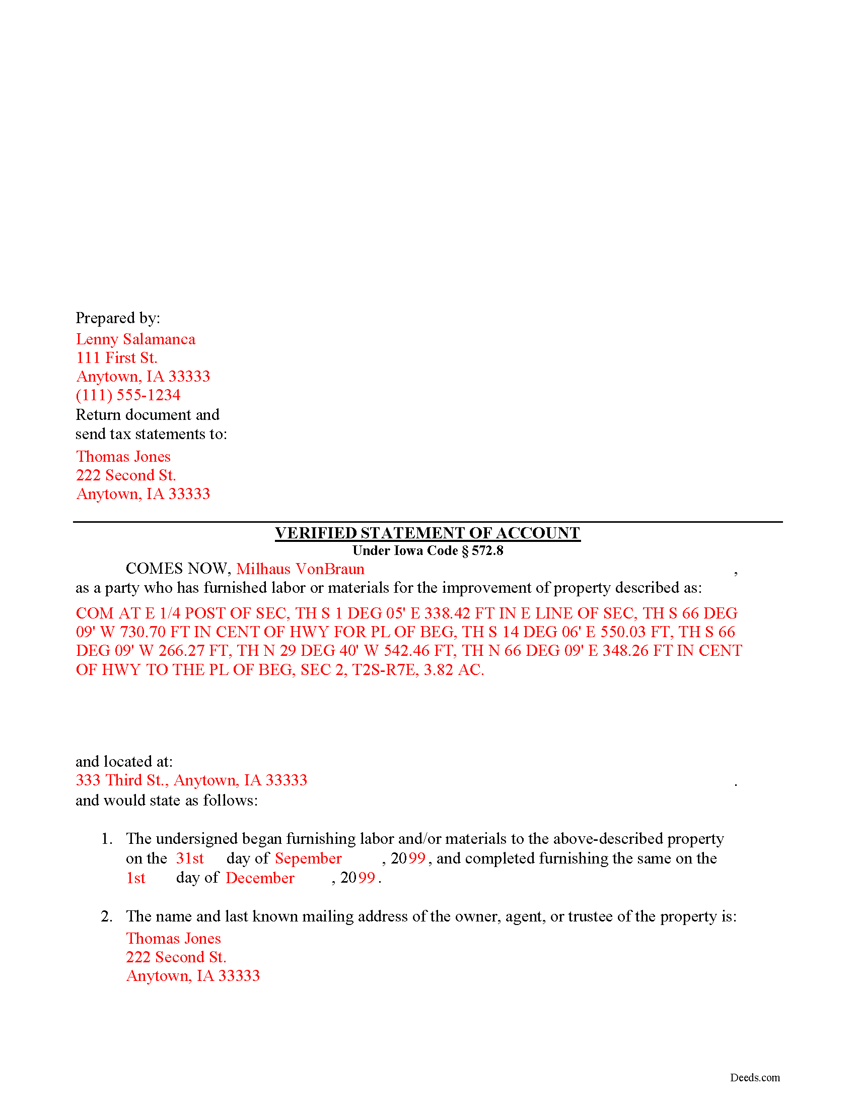 Polk County Completed Example of the Verified Statement of Account Document