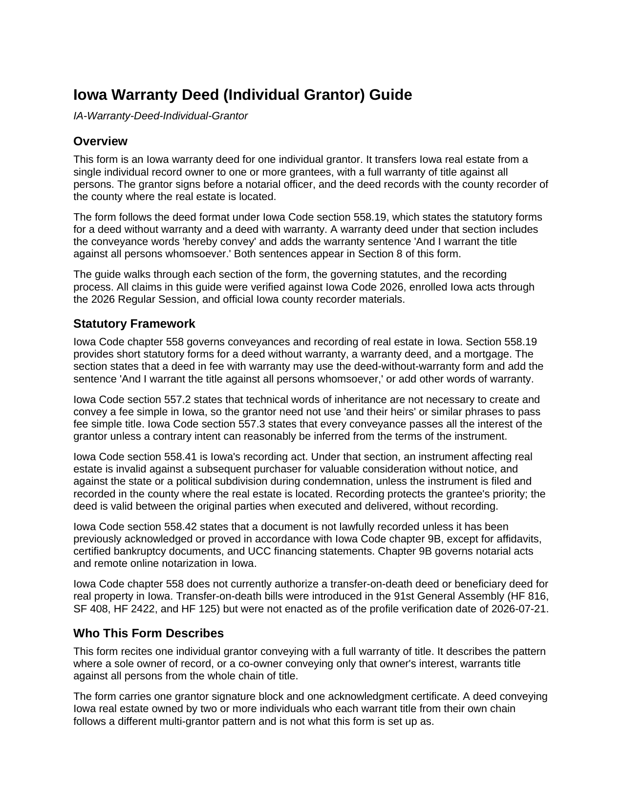 Dubuque County Warranty Deed (Individual Grantor) Guide