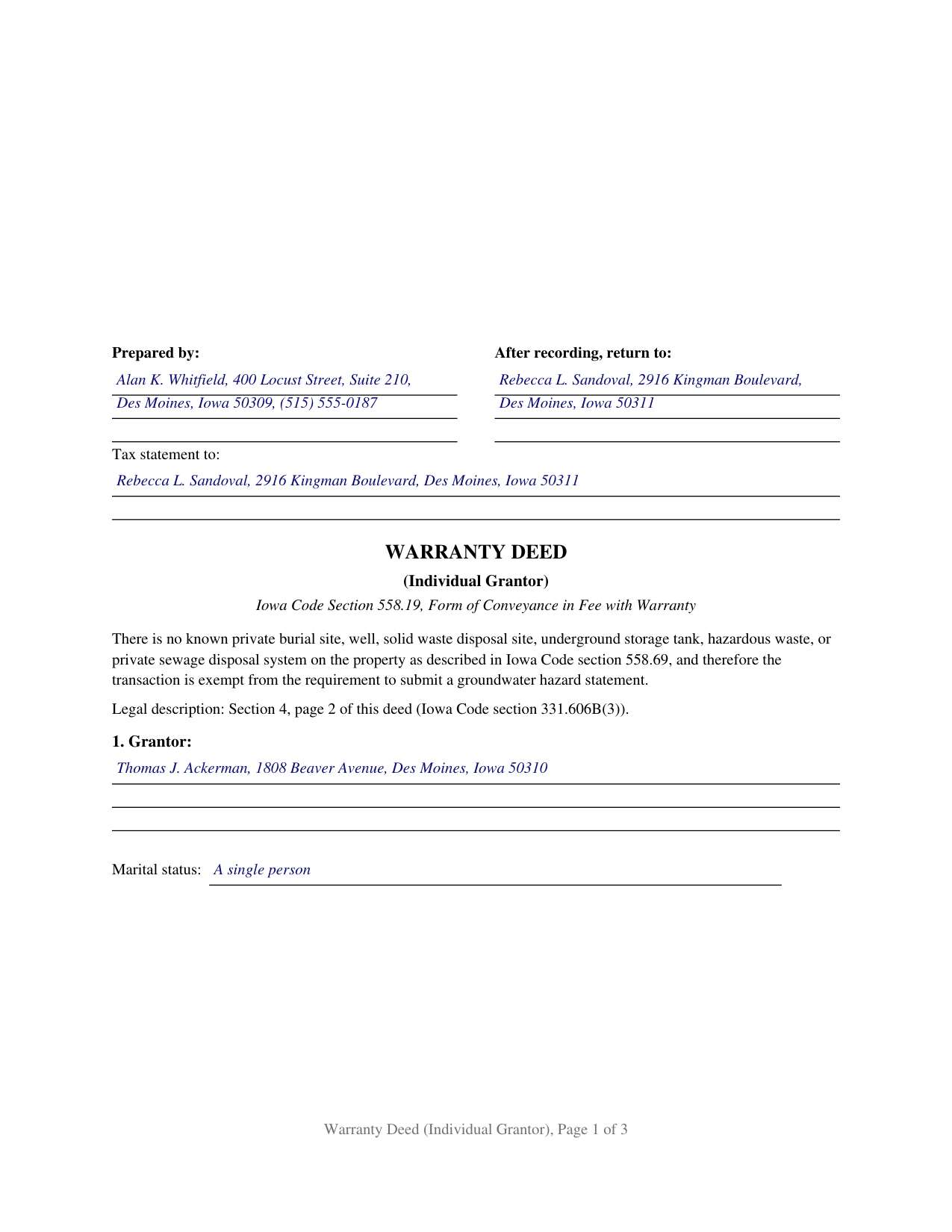 Dubuque County Completed Example of the Warranty Deed (Individual Grantor) Document