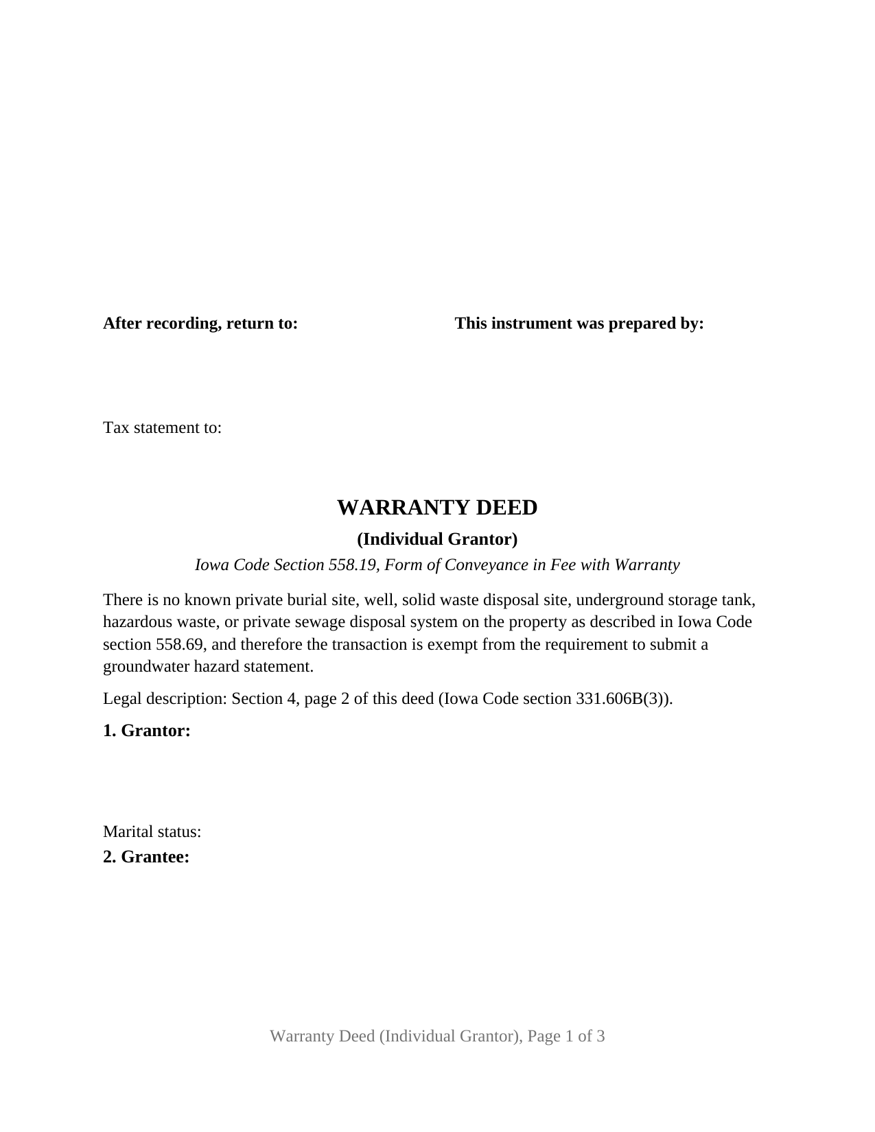 Kossuth County Warranty Deed (Individual Grantor) Form