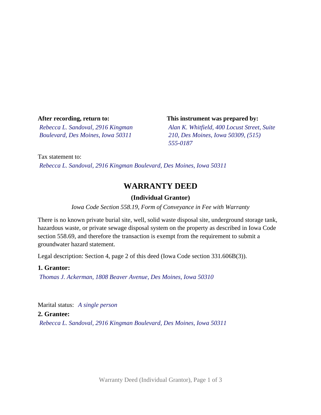 Kossuth County Completed Example of the Warranty Deed (Individual Grantor) Document