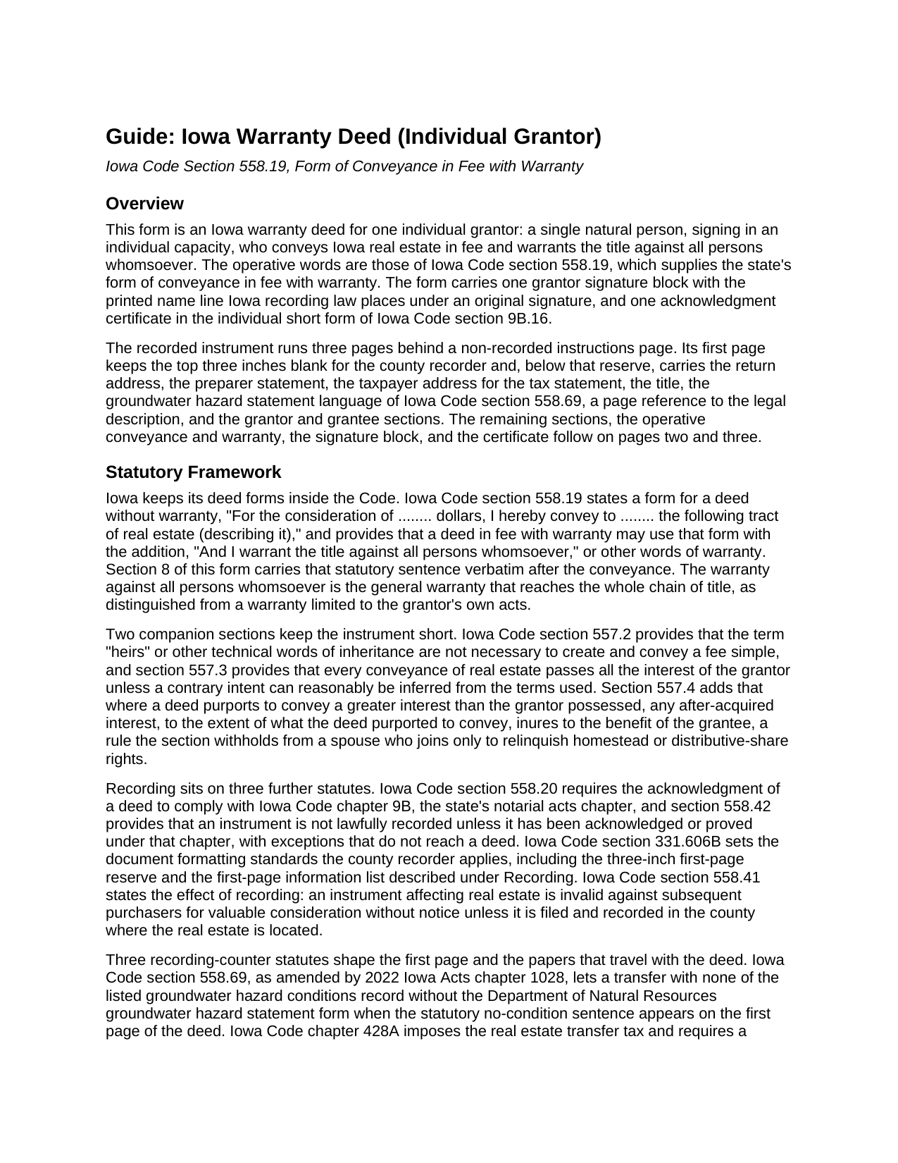 Kossuth County Warranty Deed (Individual Grantor) Guide