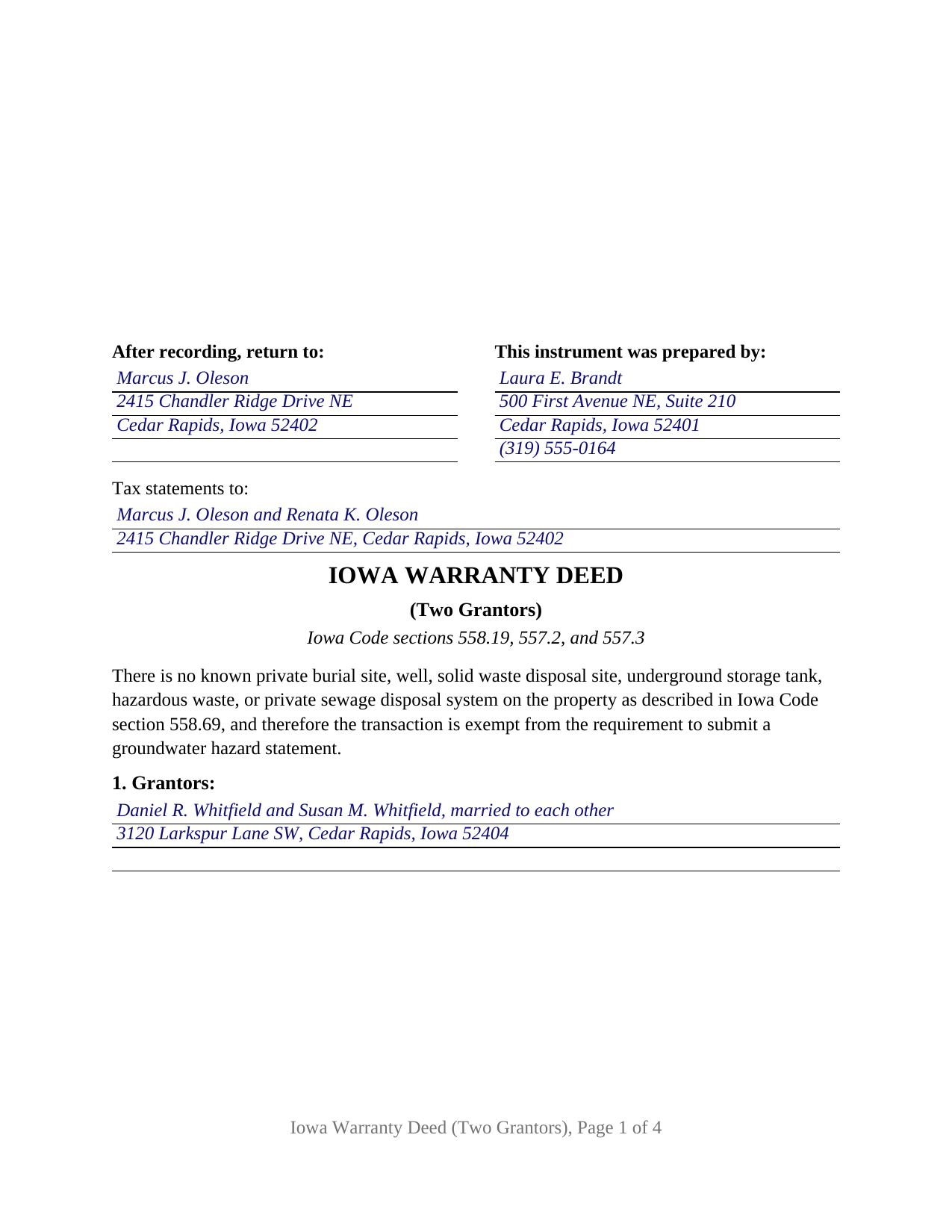 Butler County Completed Example of the Warranty Deed (Two Grantors) Document