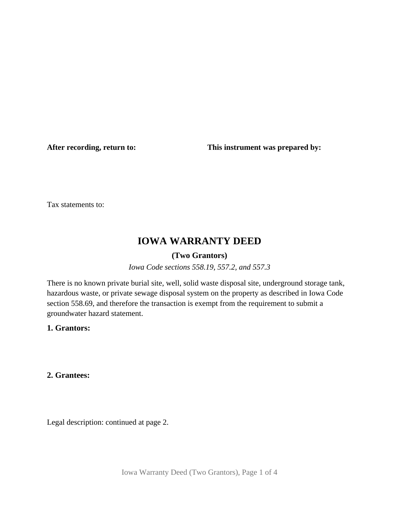 Mills County Warranty Deed (Two Grantors) Form