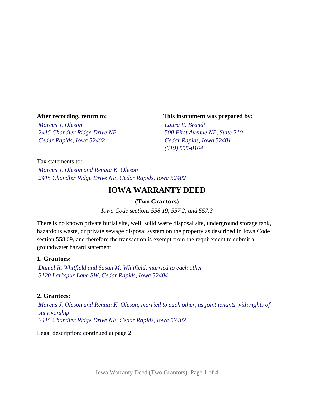 Mills County Completed Example of the Warranty Deed (Two Grantors) Document