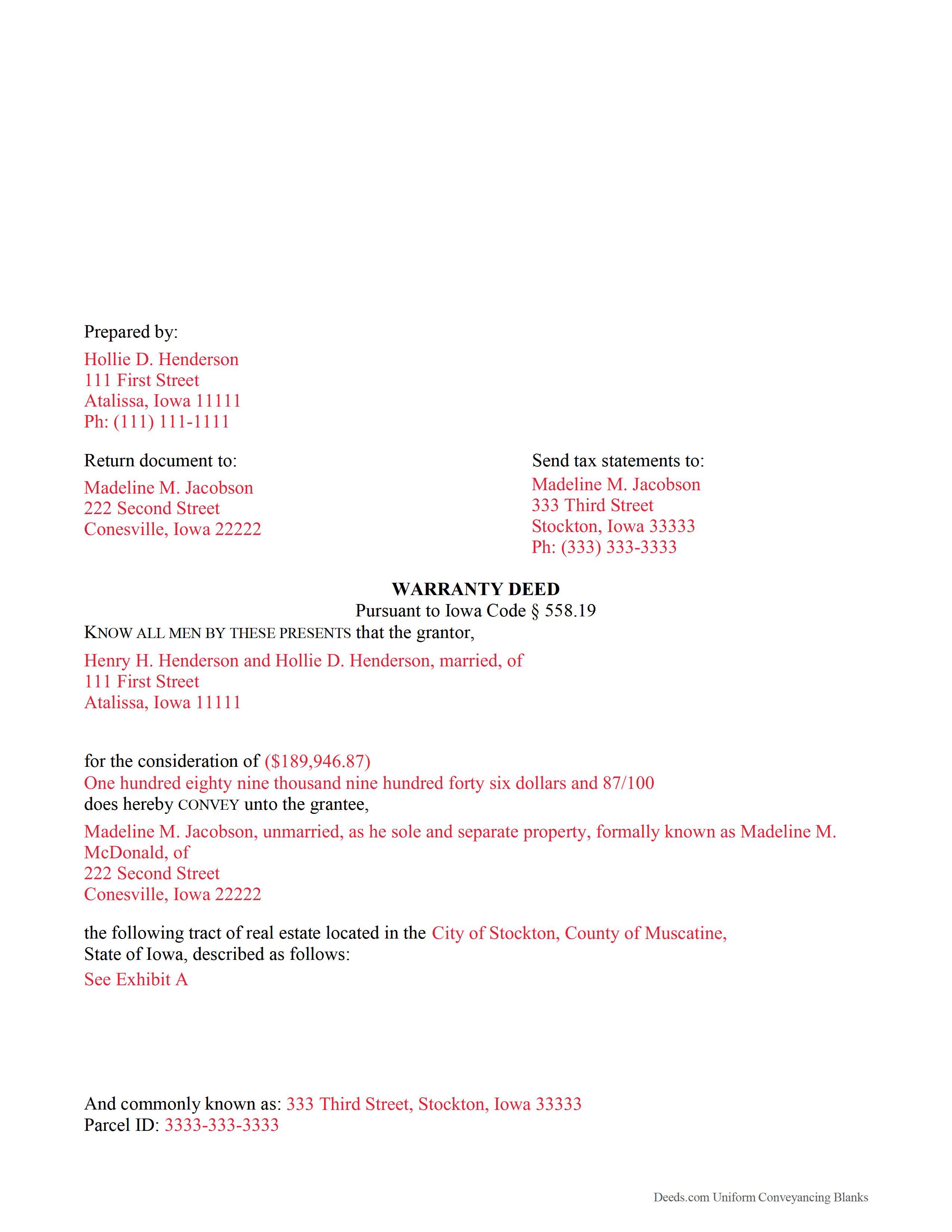 Page County Completed Example of the Warranty Deed Document